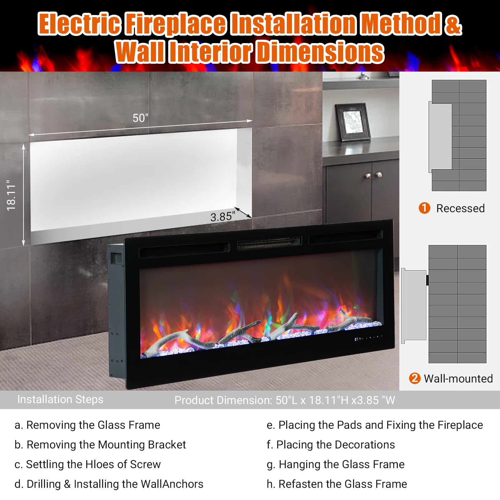Chimenea eléctrica, chimenea eléctrica empotrada y montada en la pared de 50 pulgadas, control inteligente con WiFi y control remoto, brillo ajustable, colores de cama de carbono, pantalla táctil, 13 7