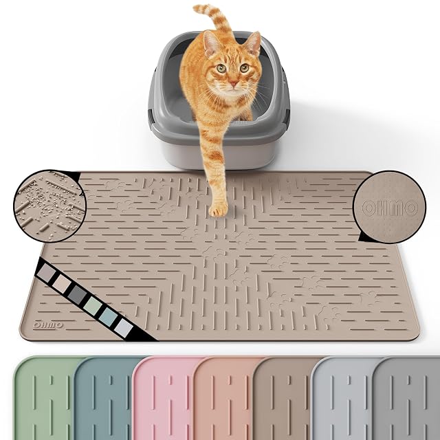 OHMO Alfombra Arenero Gato (60x40cm, Beige), Alfombrilla de Silicona para Recoger Arena, sin BPA, Impermeable