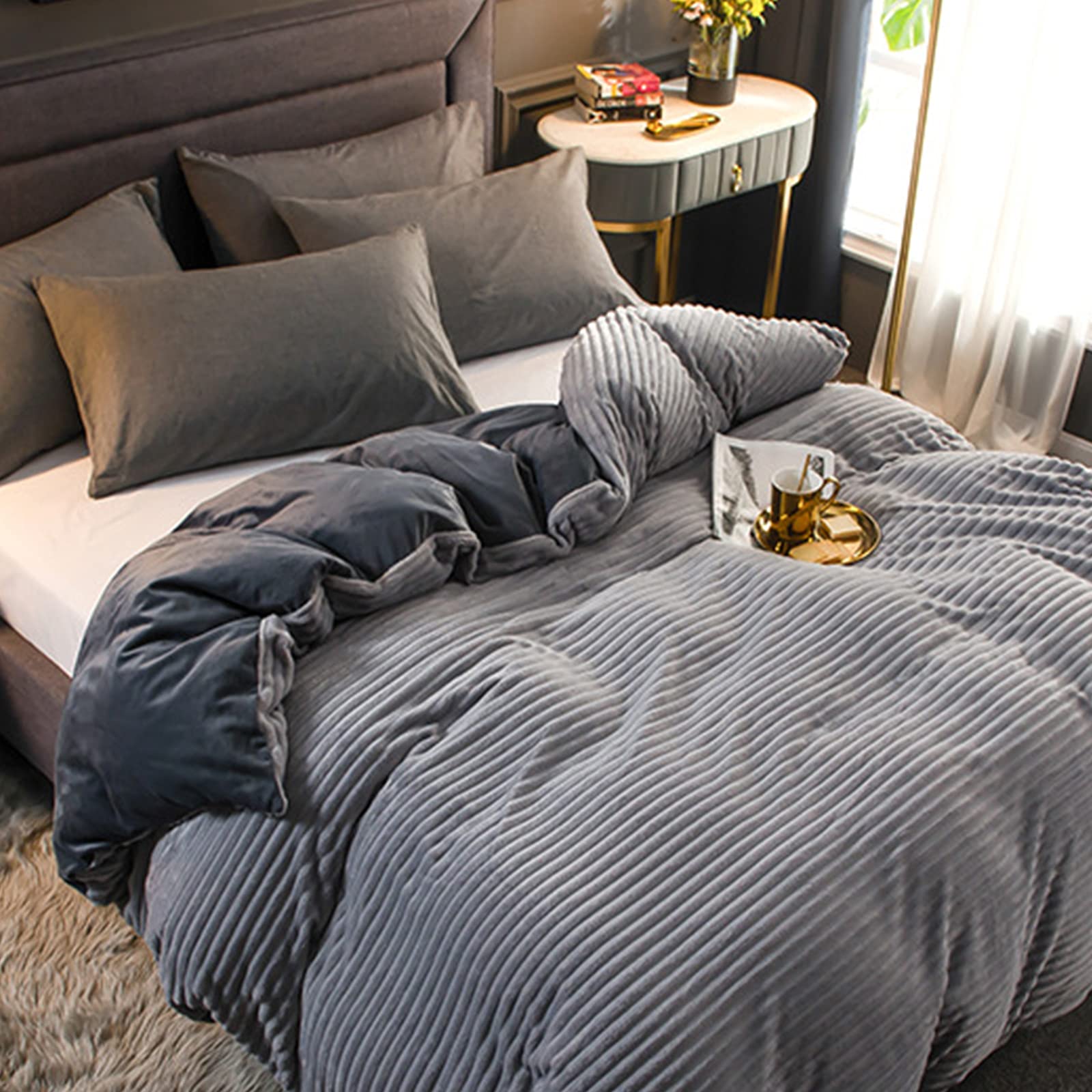 Housse de couette velours épais anti-froid pour grand lit 180x220cm respirante et douce