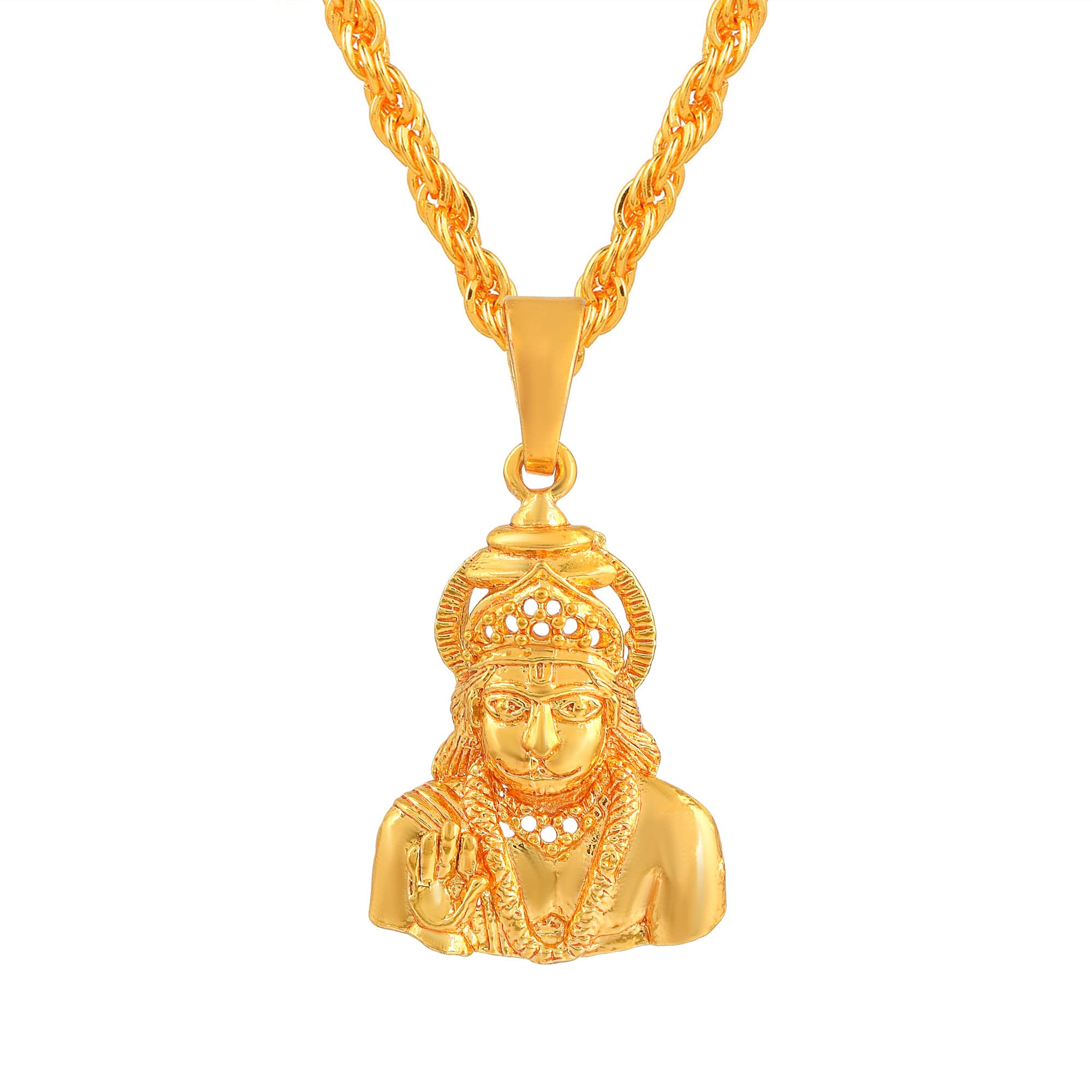 1 Micron Gold Plated Brass 3D Image of Lord Hanuman Giving Blessings Pendant Locket Necklace Religious Jewellery For Men/Women-image-2