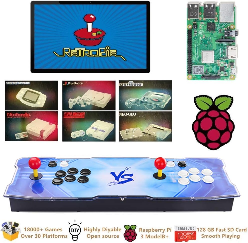 Raspberry Pi 3 Model B+ (B Plus) Arcade Cabinet Machine Video Game Console Complete Full Kit RetroPie Emulation Station ES with 18000+ Games(128GB EVO+) 2 GPIO Joystick