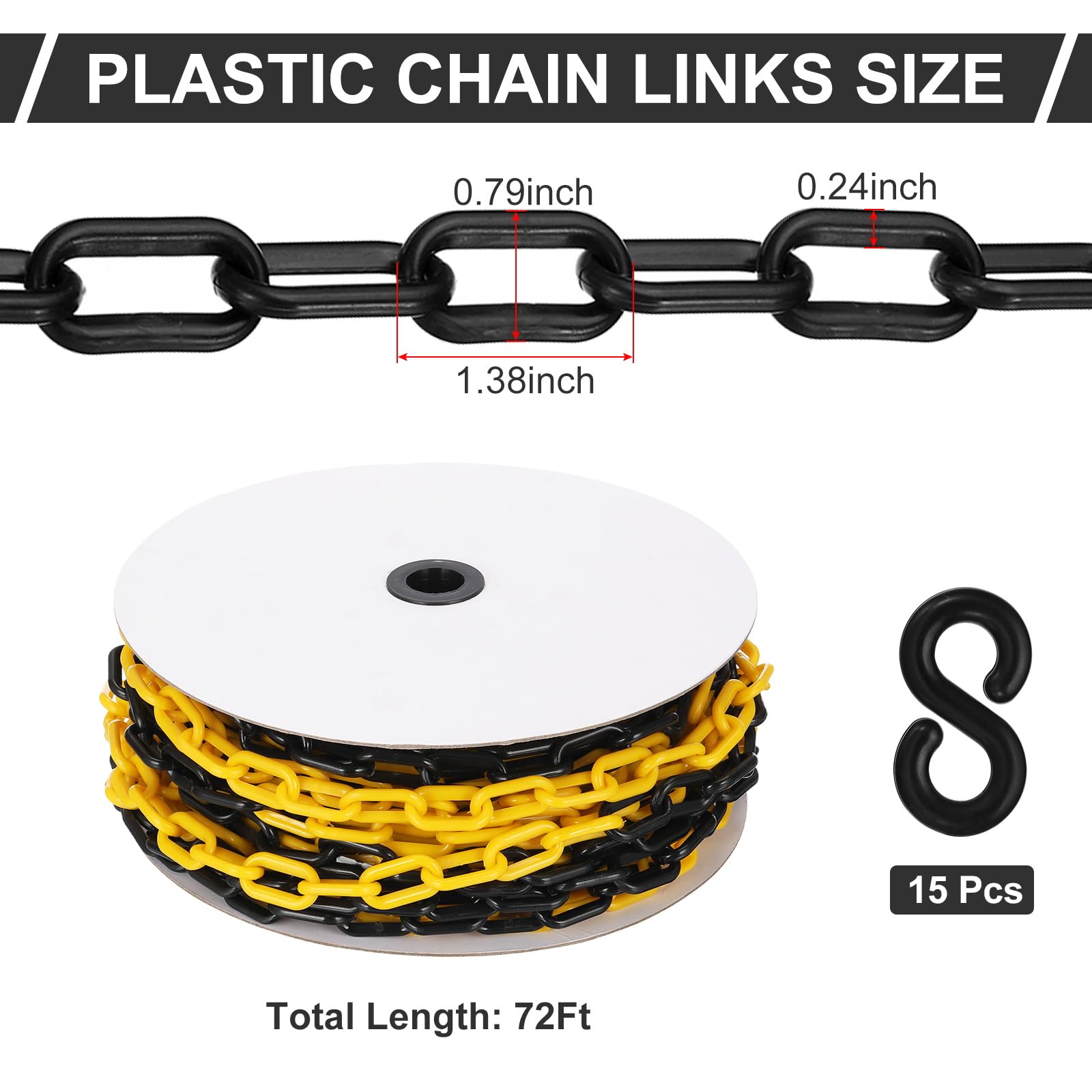 PATIKIL Gelb/Schwarze Kunststoffkette, 92 ft 6mm Absperrkette Sicherheitsbarriere Große Gliederkette Lang für Warnsicherheit Parkplatz, Personenkontrolle Baustelle Absperrung Von Flächen