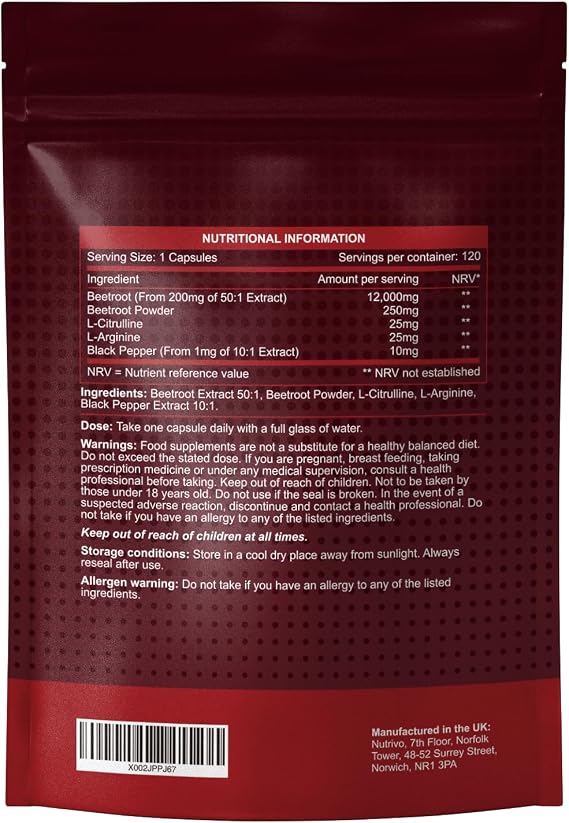 Nutrivo Beetroot Capsules High Strength 12,000mg | Beetroot Extract Complex with L-Citrulline, L-Arginine - Nitric Oxide Booster | 120 Capsules - 4 Month Supply | Vegan & UK Made