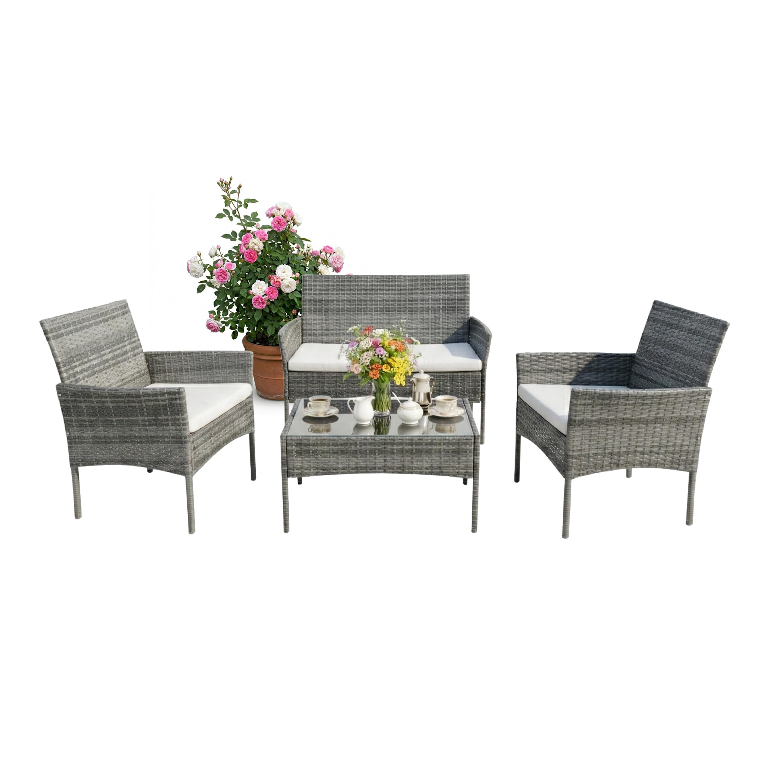 Relaxdays Ensemble Jardin 4 pcs en rotin pour 4 Personnes, canapé 2 Places, fauteuils, Table en Verre, extérieur, Gris,