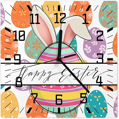 Easter Wooden Wall Clock Silent Non Ticking, Striped Easter Egg Rabbit Ears Spring Flower Square Wall Clock Battery Operated, Decor Clock for Home