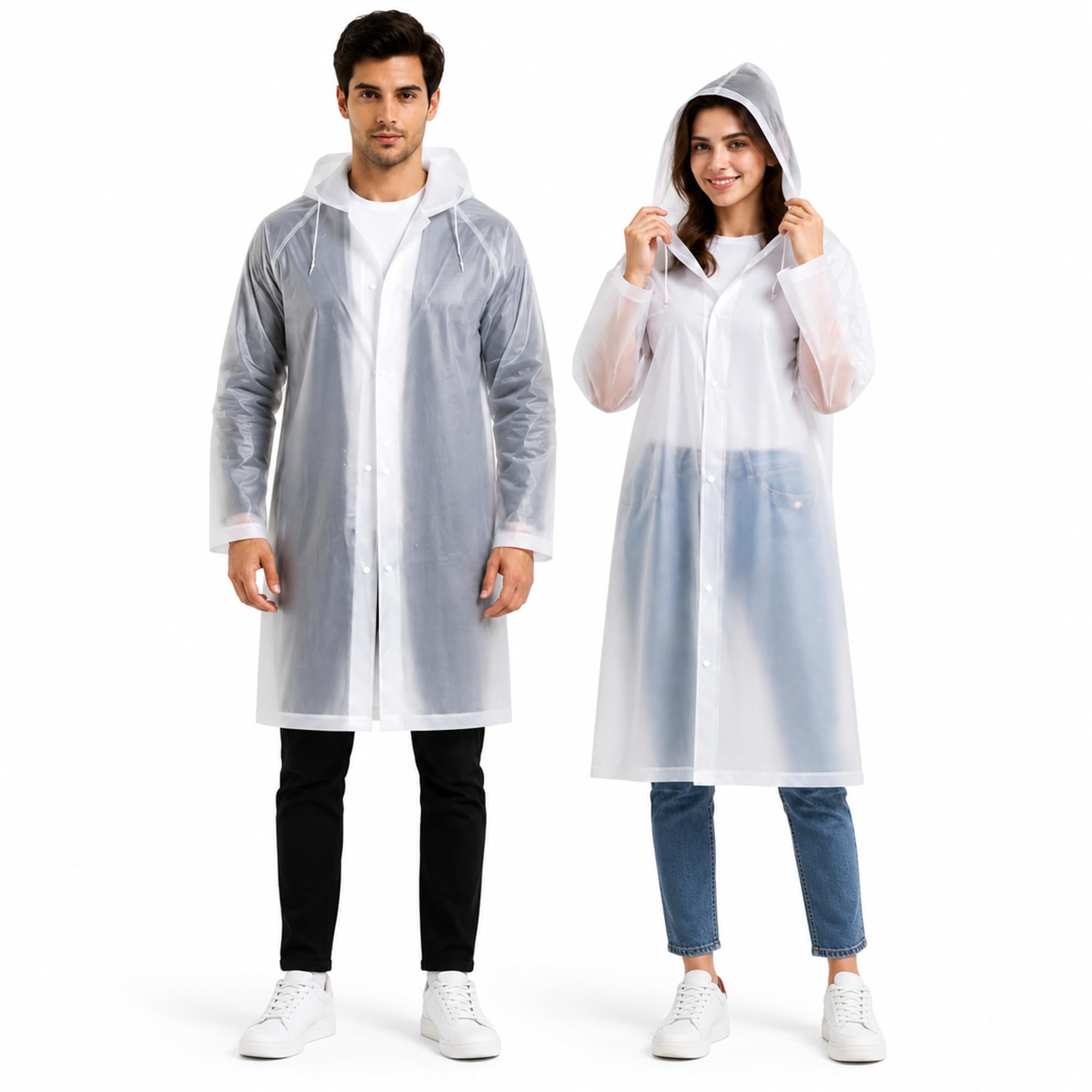 Designed EVA Waterproof Unisex Raincoat with Hood & Full Sleeves for Men, Women, Boys & Girls Lightweight Rainwear Poncho with Button Closure for Camping Hiking, Trekking (White Pack of 2)-image-34