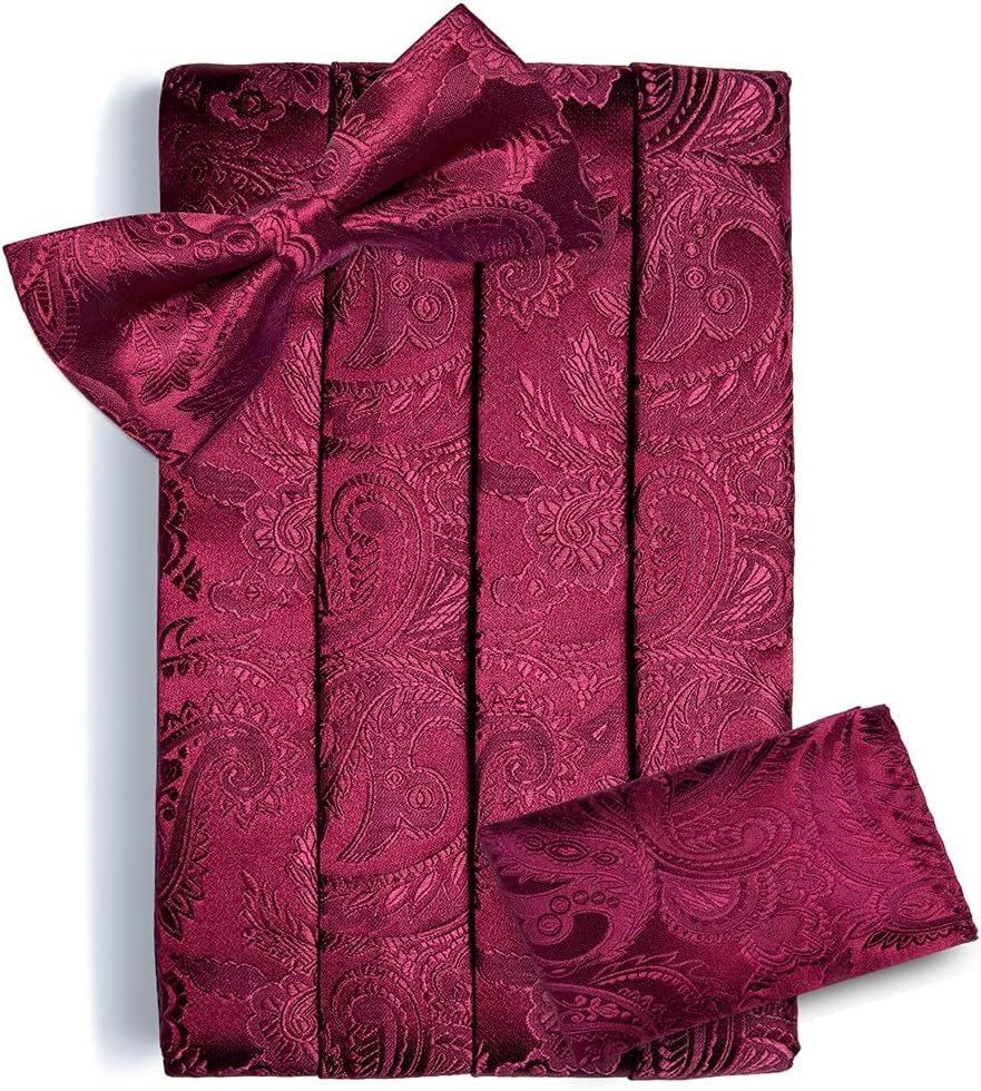 Men's Cummerbunds Silk Red Tuxedo Cummerbunds Bow Tie Pocket Square Brooch Set Men Wedding Party Waistband
