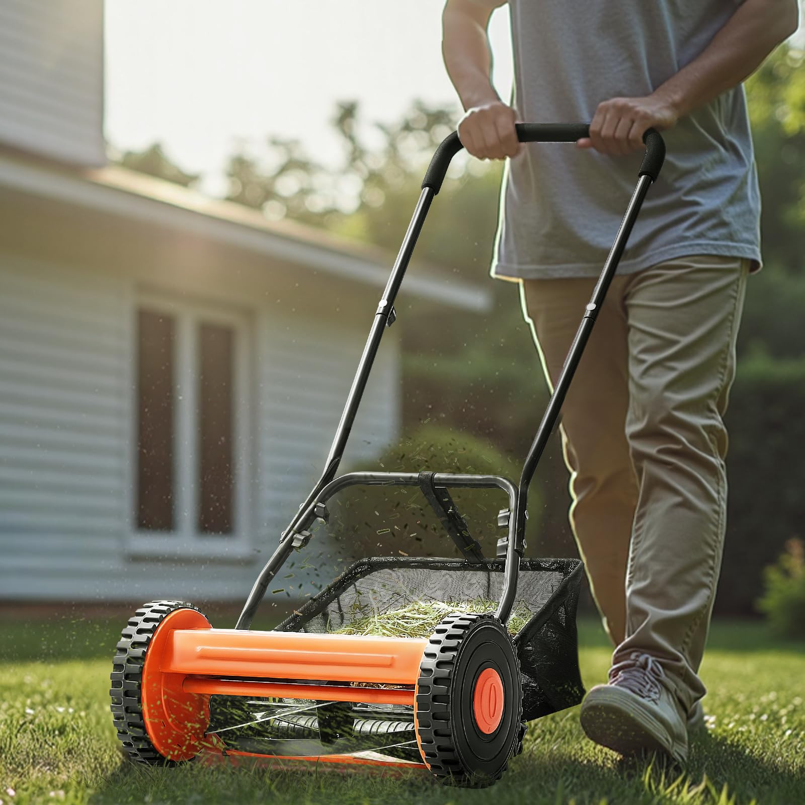 VEVOR Kosiarka do trawy z kołowrotkiem 40 cm, 5 ostrzy, ręczna kosiarka bez silnika, regulowana wysokość koszenia 1,5-4,4 cm, kosiarki z torbą na trawę, do zielonych trawników, podjazdów, dziedzińców