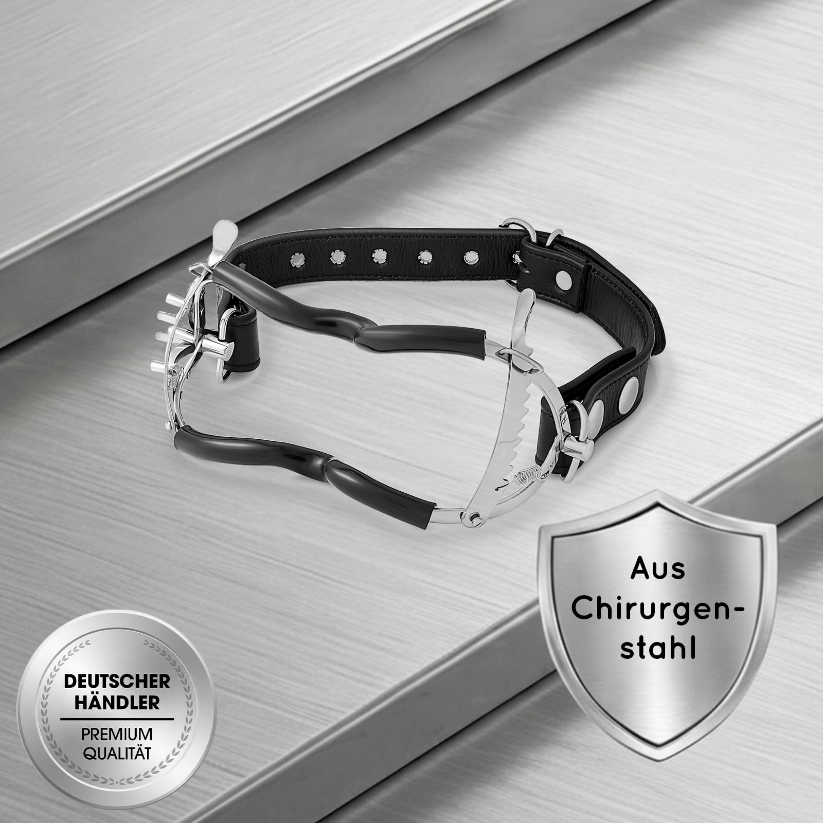 Mundspreizer für Sex aus Stahl mit Zahnschutz und verstellbarem Nackenriemen – stufenweise einstellbar per Ratschenmechanismus, max. 5 cm Öffnung, Bondage BDSM Zubehör für Paare (MS2)