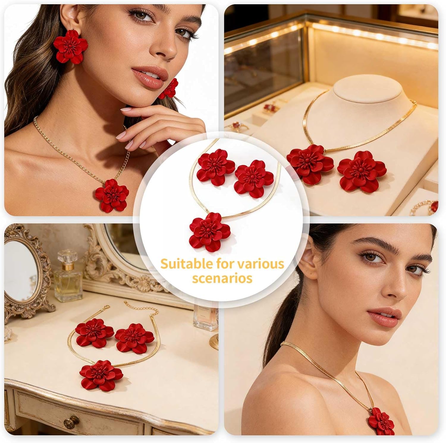 Flower Necklace and Earrings Sets for Women, Red Jewelry Sets Snake Chain Necklace Big Foral Statement Earrings Wedding Party Evening Beach Vacation Jewelry - Image 5