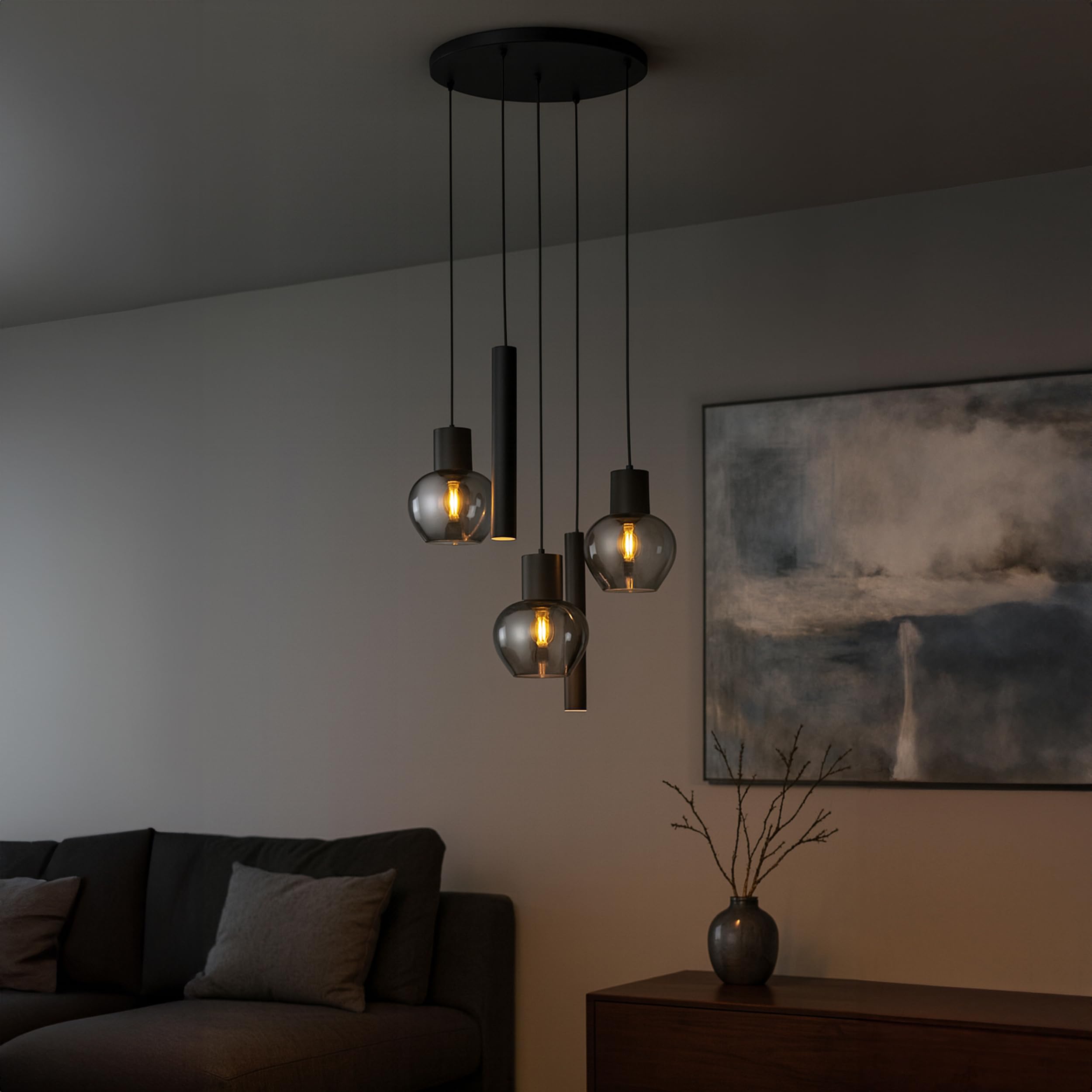 Lightbox Pendelleuchte, 5-flammig, 3 x E27 und 2 x GU10 Fassung, Ø 68 cm x 150 cm, dimmbar, Kabel kürzbar, Aluminium und Rauchglas, schwarz rauchfarben, modern Glamour, Wohnzimmer Esszimmer