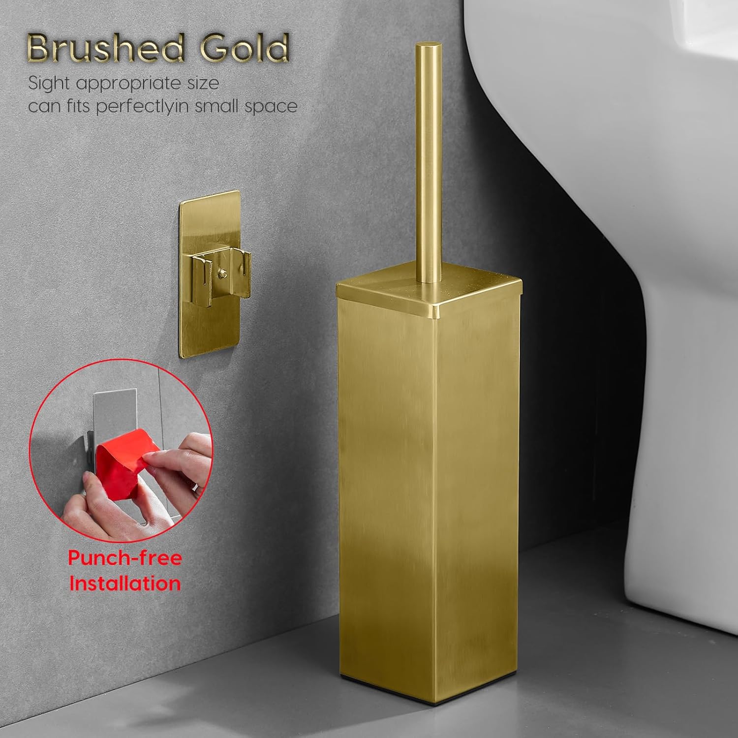 Brushed Gold Stainless Steel Toilet Brush, Square No-Punch Hook Base Toilet Brush Holder Removable Inner Bucket and Splash Proof Cover - Soft Bristles (No Drill Square Metal Cap Gold)