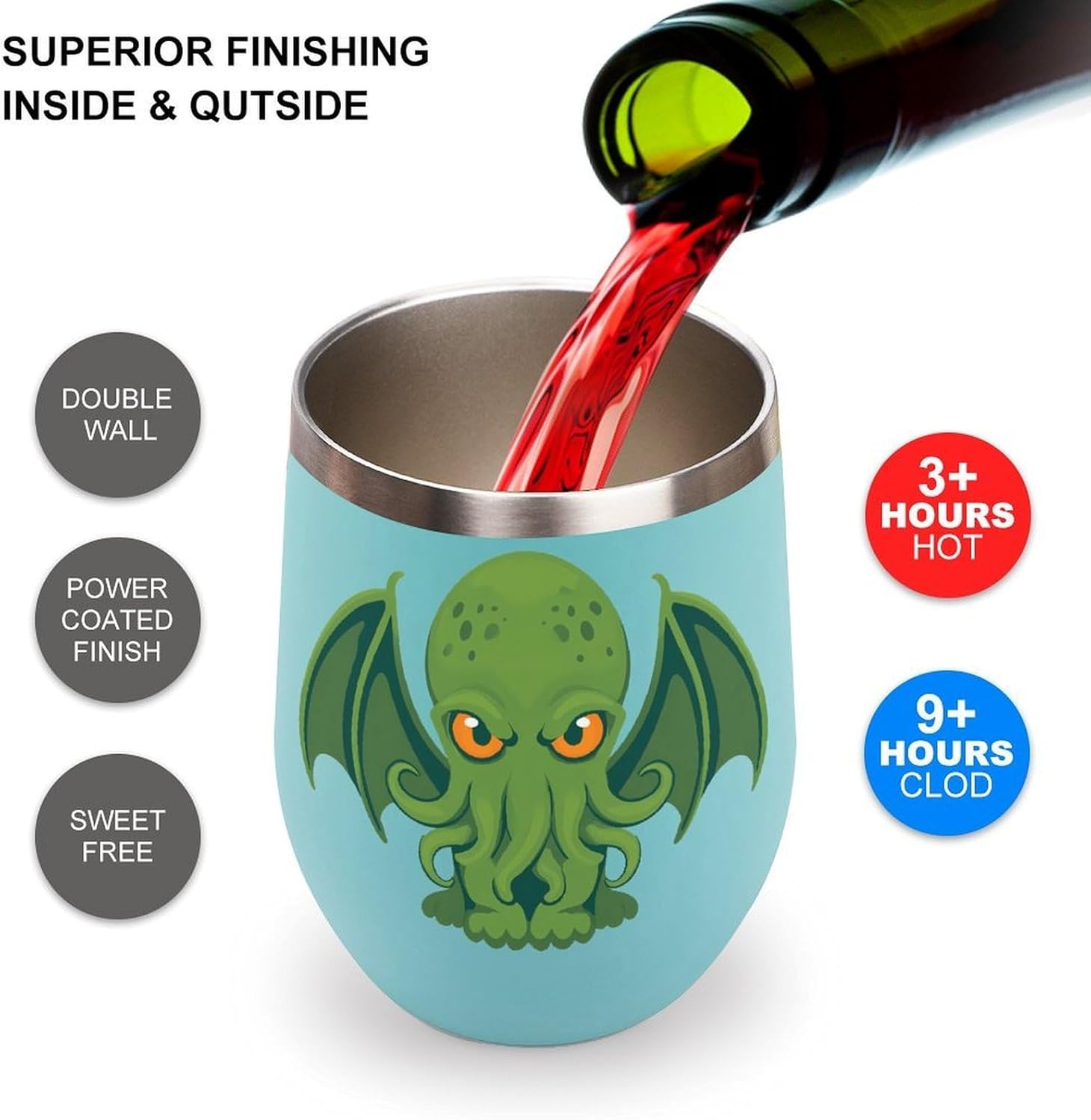 Cute Monster Greencthulhu Insulated Drinking Cup Stainless Steel Coffee Mug Wine Tumbler with Lid 12OZ