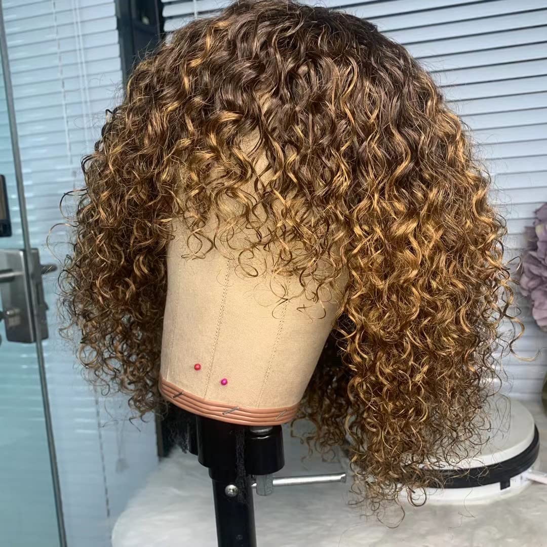 Blonde Highlight Short Bob Curly Human Hair Wigs with Bangs Wear and Go Glueless None Lace Front Human Hair Wigs for Black Women 180% Density Kinky Curly Fringe Bang Wig Human Hair P4/30 14 inch
