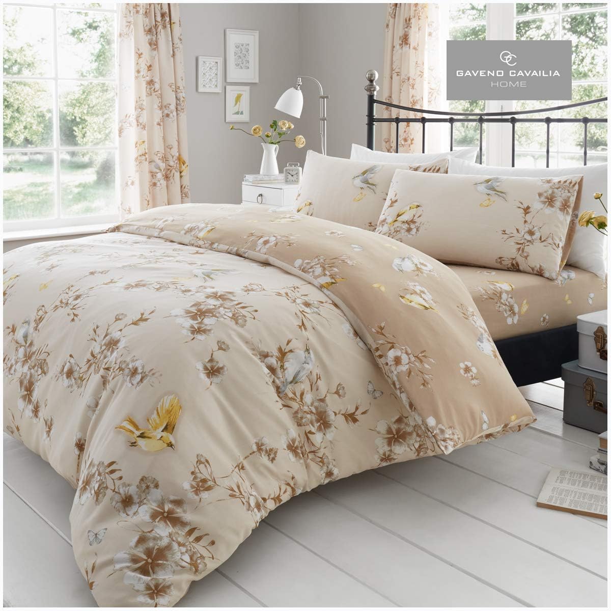 GC GAVENO CAVAILIA Flower Duvet Cover Double - Blossom Bedding Set With Pillowcase - Polycotton Fabric- Natural