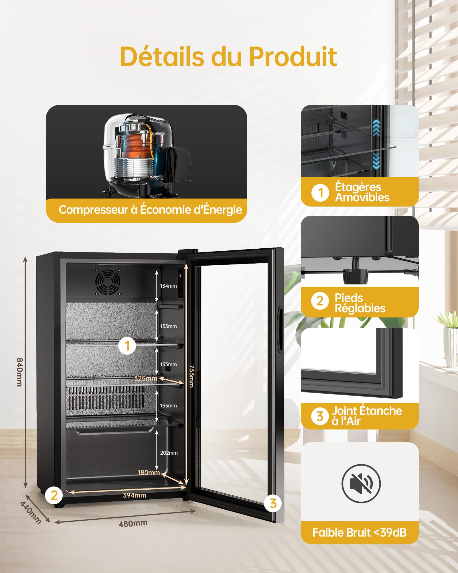 WIE Réfrigérateur Pour Boissons, Mini Frigo 83L Petit Frigo Silencieux de 0-10°C, Mini Bar Intérieur, Pour Salle de Jeux, Fête, Noir