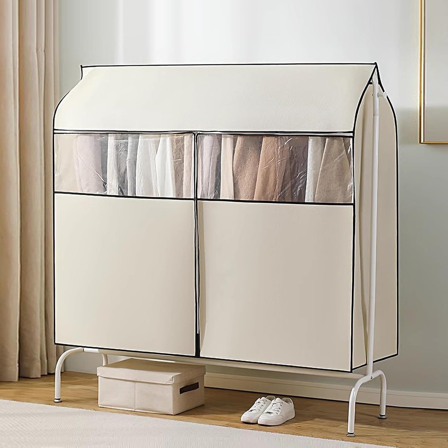 PEVA Dustproof Clothes Rail Cover, Non-Woven Closet Garment Cover With Transparent Window Multicolor 60-150x120cm(Beige,60x120cm/24x47in)