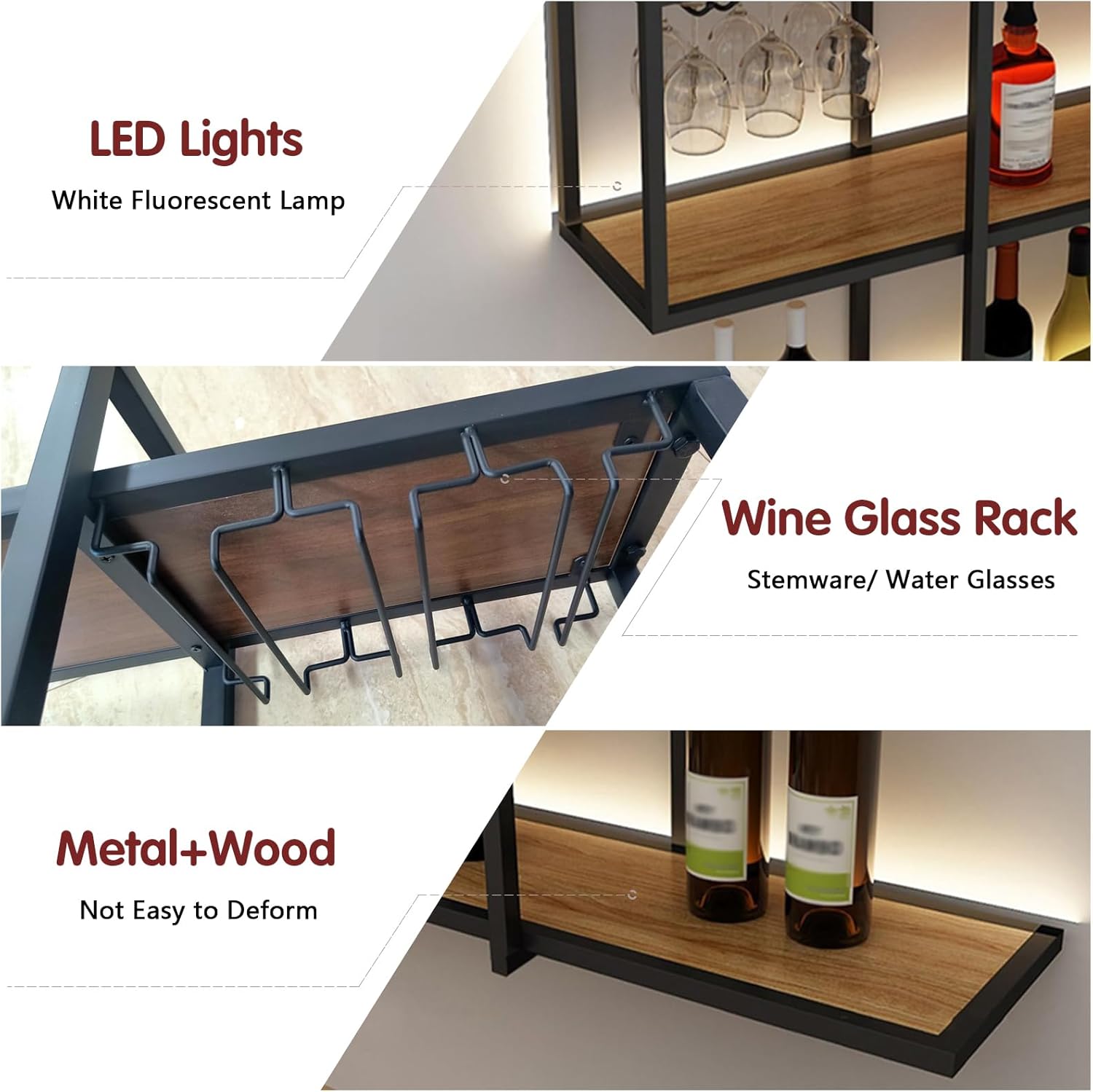 LED Industrial Wall Mounted Wine Rack with Glass Holder, Wood and Metal Wall-Mounted Bar Shelf, Floating Liquor Shelf with Stemware Rack (Black, 47.24inch/120cm)