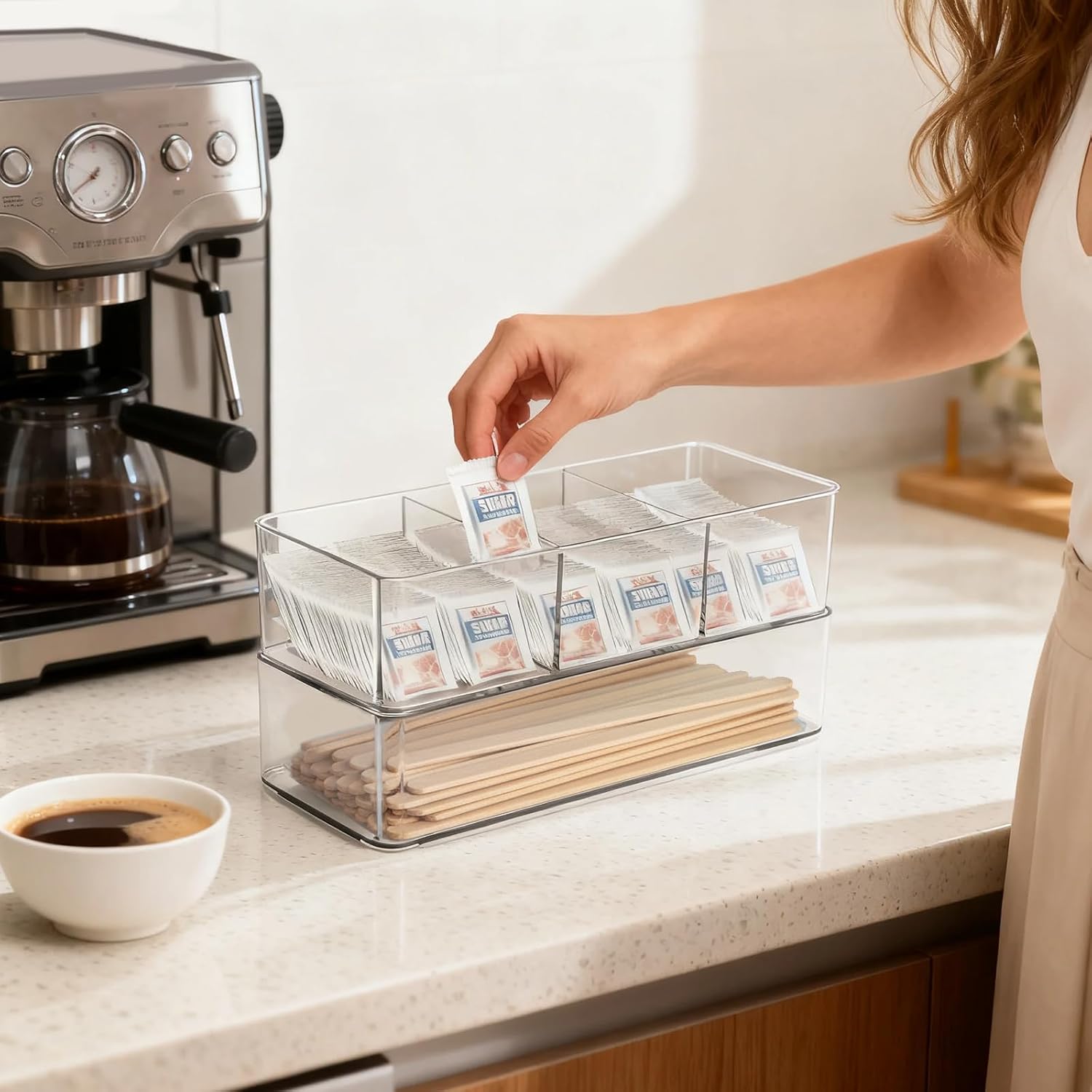Medicine Cabinet Organizer, Bathroom Medicine Cabinet Holder, Organizer for Drink Packet Coffee Bar Sugar Packet Tea Bag, Coffee Pod Storage 2 Tier Rectangular crylic box with Lid