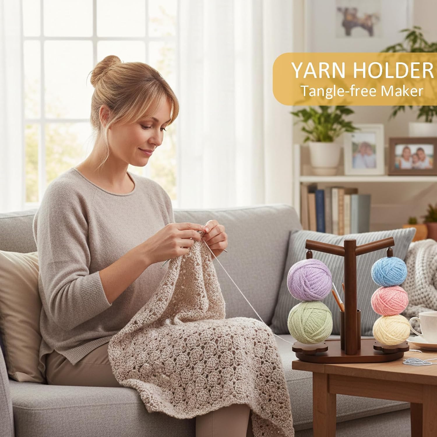 Sawvolker Yarn Holder for Crocheting and Knitting, Wooden Magnetic Rotating Yarn Spinner with 2 Spindles, with Crochet Accessories Holder Ideal Gift for Knitting & Crochet Lovers Wife Grandma Mother