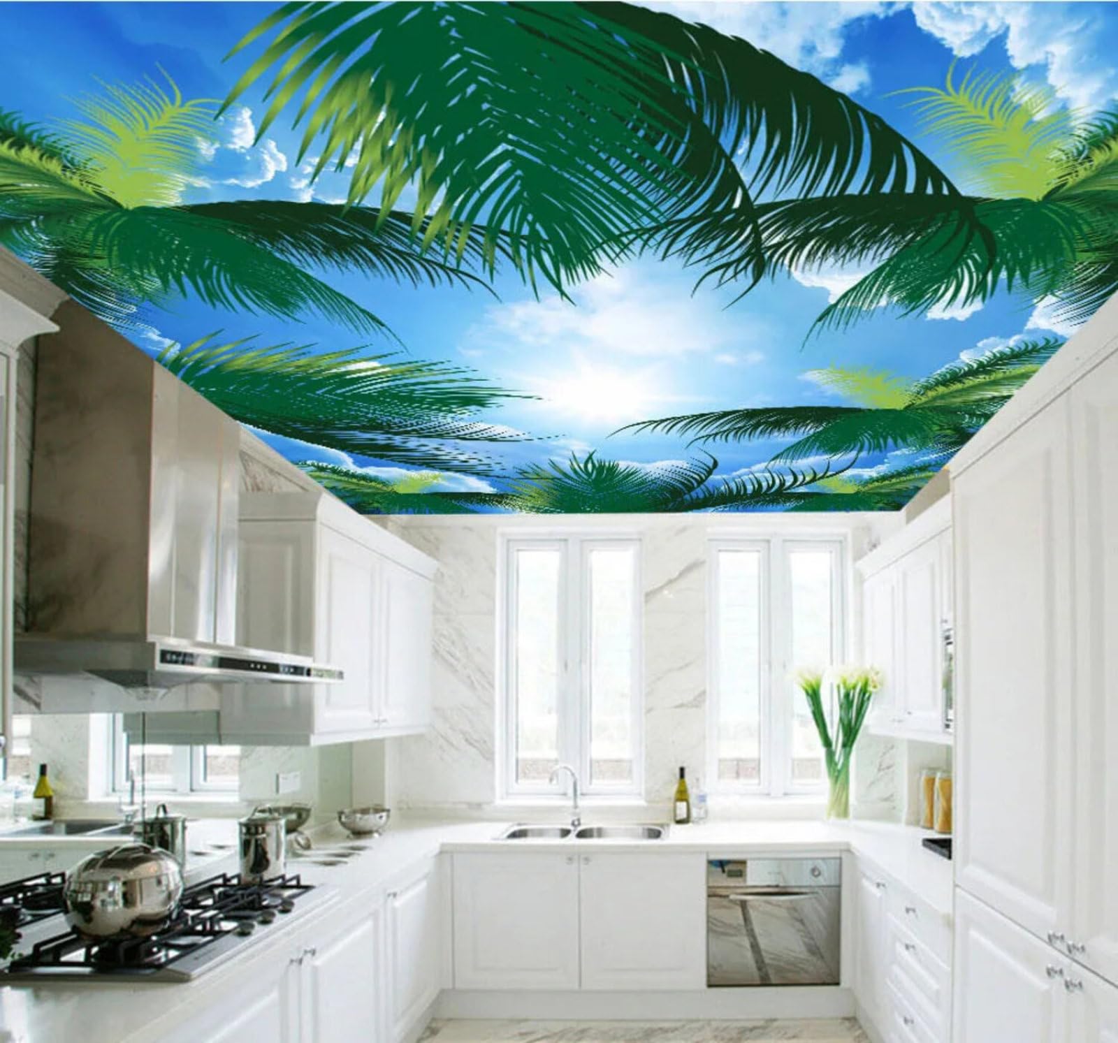 Fresh Minimalist Three Dimensional Blue Sky Green Leaves 3D Wallpaper Easy Install Feature Office Living Room Sofa Bedroom TV Background Wall Decoration-300cm×210cm