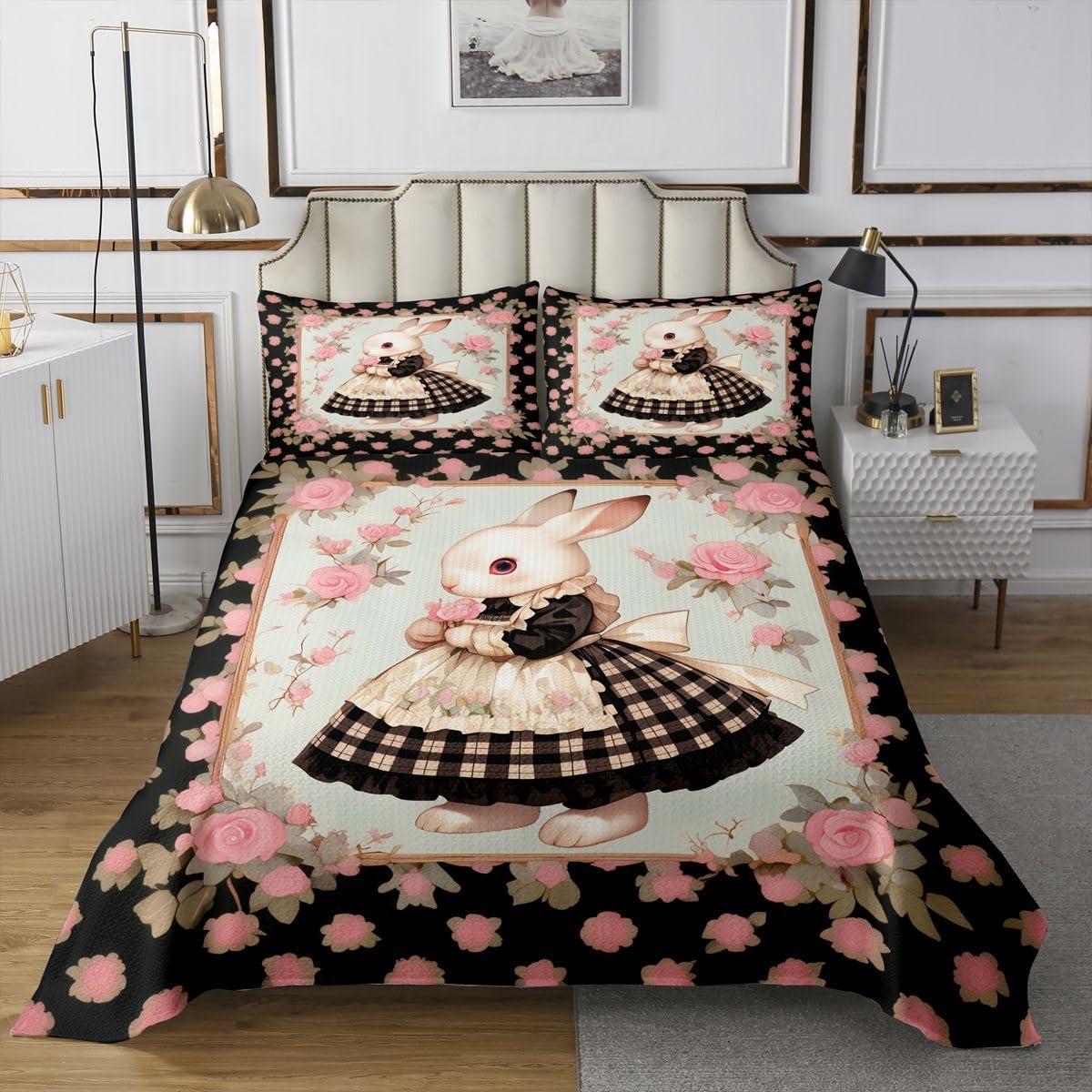 Castle Fairy Pink Bow Knot Quilt Sets Twin Size,Cherry Bowknots Bedspread Coverlet 2Pcs for Kids Girls Boys Room Decor,Love Heart Quilts Set Grey White Plaid Bedding Comforter,1 Pillowcase