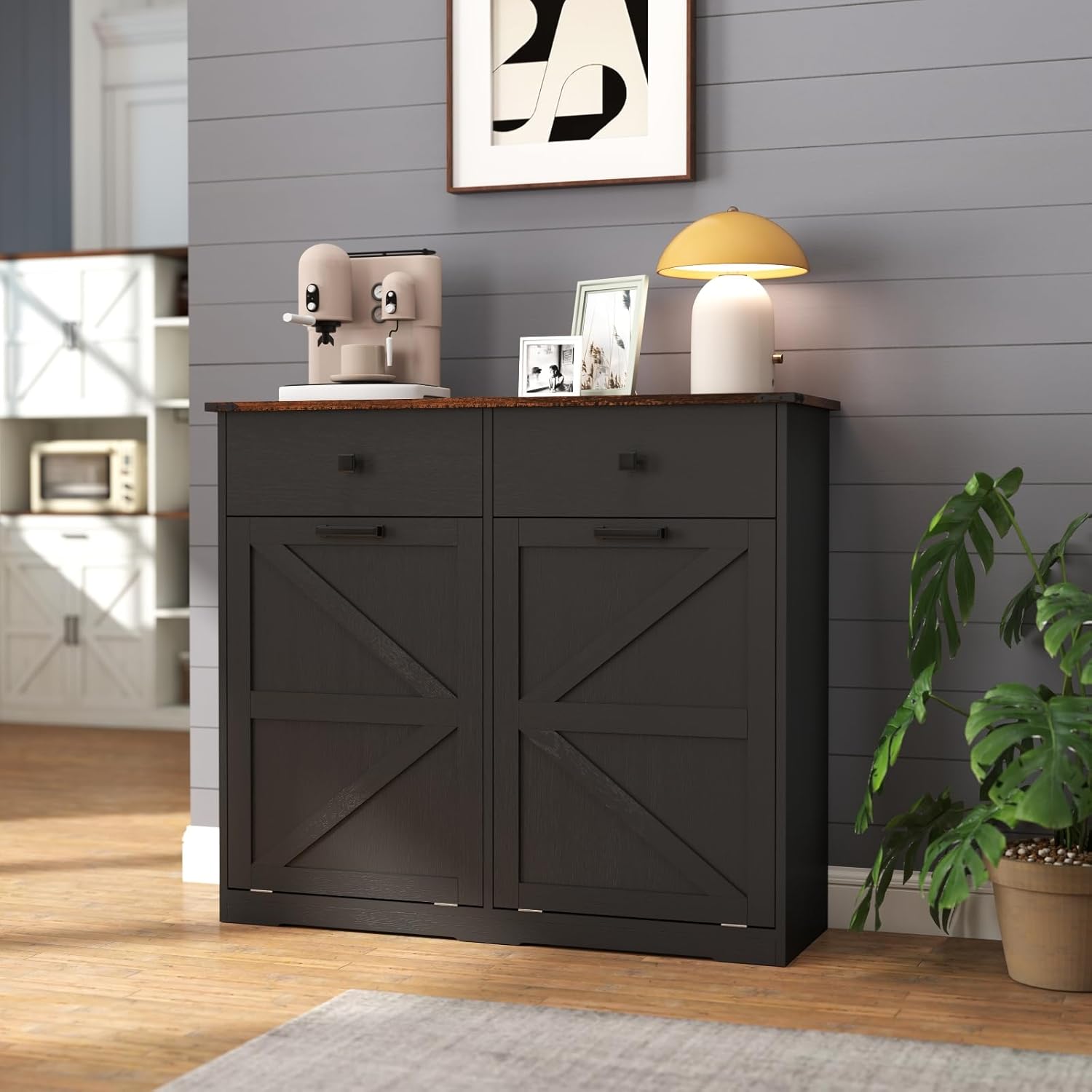Double Tilt Out Trash Can Cabinet for 20 Gallon,Hidden Dual Laundry Cabinets with 2 Drawers & 2 Baskets, Barn Door Style Garbage Cabinet for Kitchen(Black)