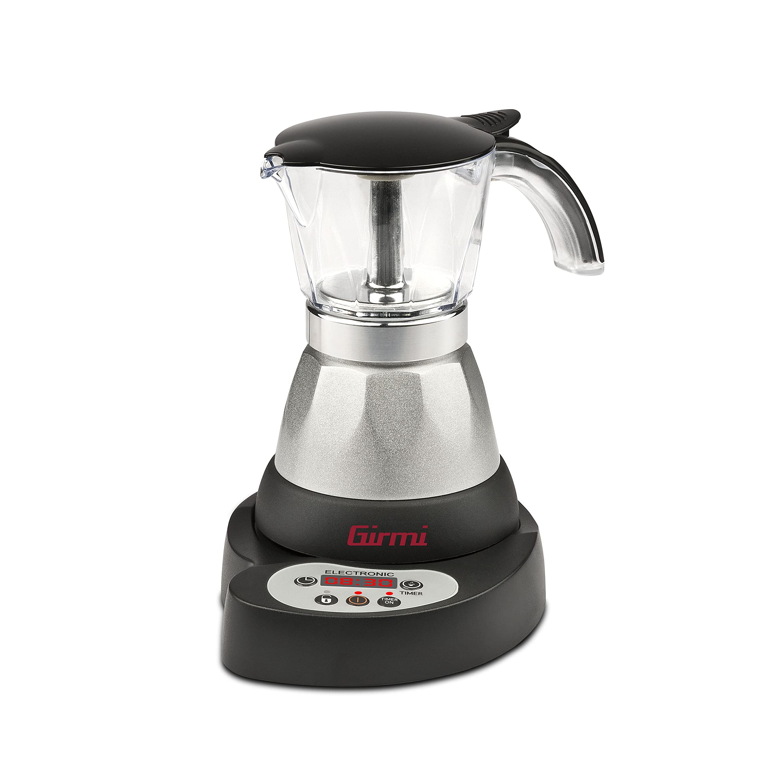 Girmi Mc23 Cafetière électrique Moka, Programmable pour poudre de café, 1 à 3 tasses, 400 W, Affichage LED, Minuterie, Maintien au chaud, Aluminium