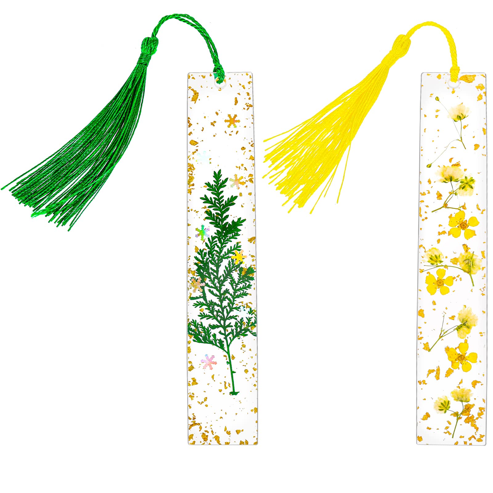 cobee Marcapáginas de flores secas de resina, 2 piezas transparentes prensadas hechas a mano, marcador de página floral con borla, bonito marcapáginas para mujeres y niños(Verde+Amarillo)