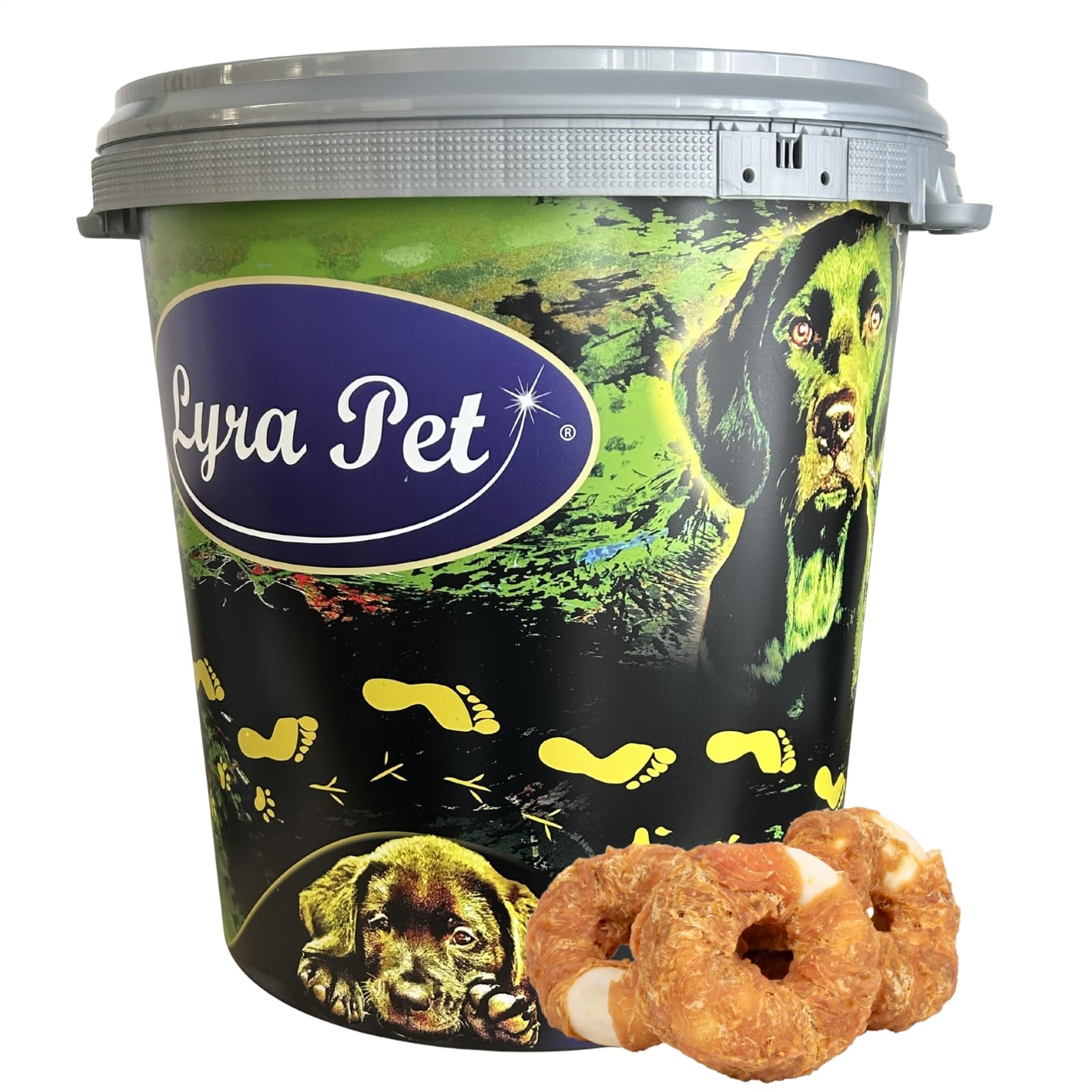 Lyra Pet® 5 kg Kauringe mit Hühnerbruststreifen in 30 L Tonne | Leckerli für Hunde - Kauartikel aus Rinderhaut mit Huhn - Proteinreiche Belohnung - Gut bekömmliches, fettarmes Hundefutter