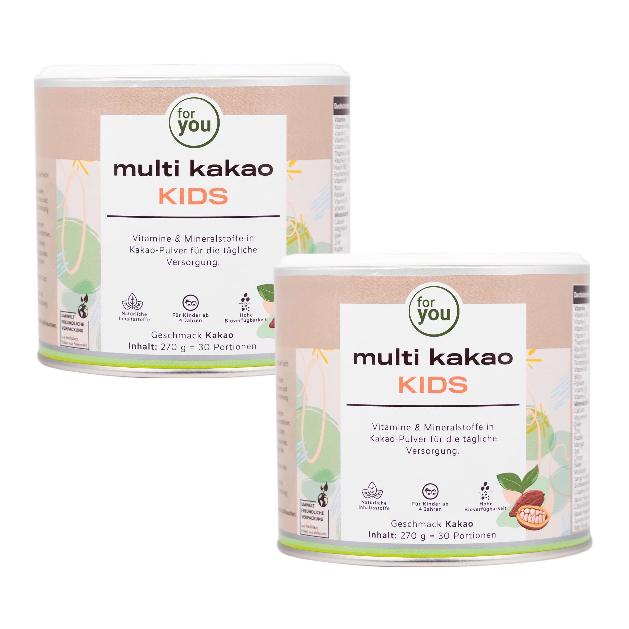 for you multi kakao kids Doppelpack - Kakaopulver mit Vitaminen, Mineralstoffen & Pflanzenstoffen zum Anrühren in Milch - Kinder ab 4 Jahren - Gesundes Wachstum & Entwicklung - Zuckerfrei & glutenfrei
