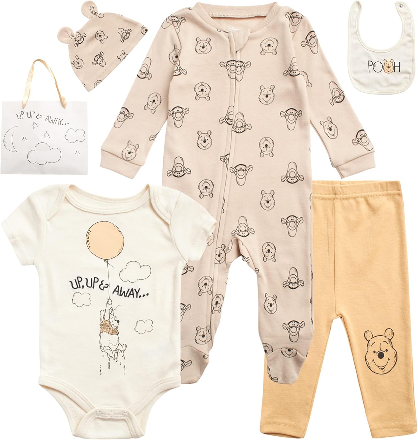 Disney Newborn Baby Girl Boy Clothes - 7 Piece Mickey Mouse Winnie the Pooh Bib Onesie Overall Beanie Pants Gift Bag Gift Set