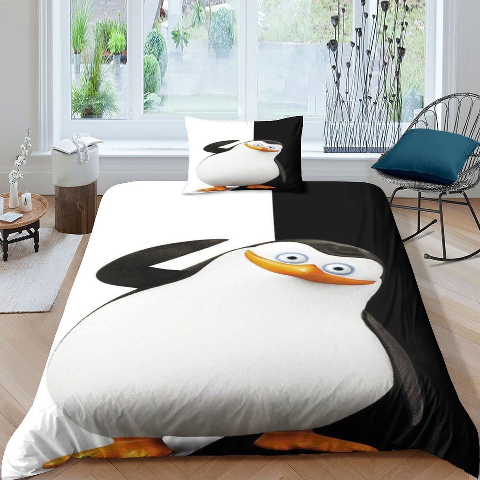 Housses de couette pingouin en microfibre lit simple 135x200 cm avec 2 taies d'oreiller