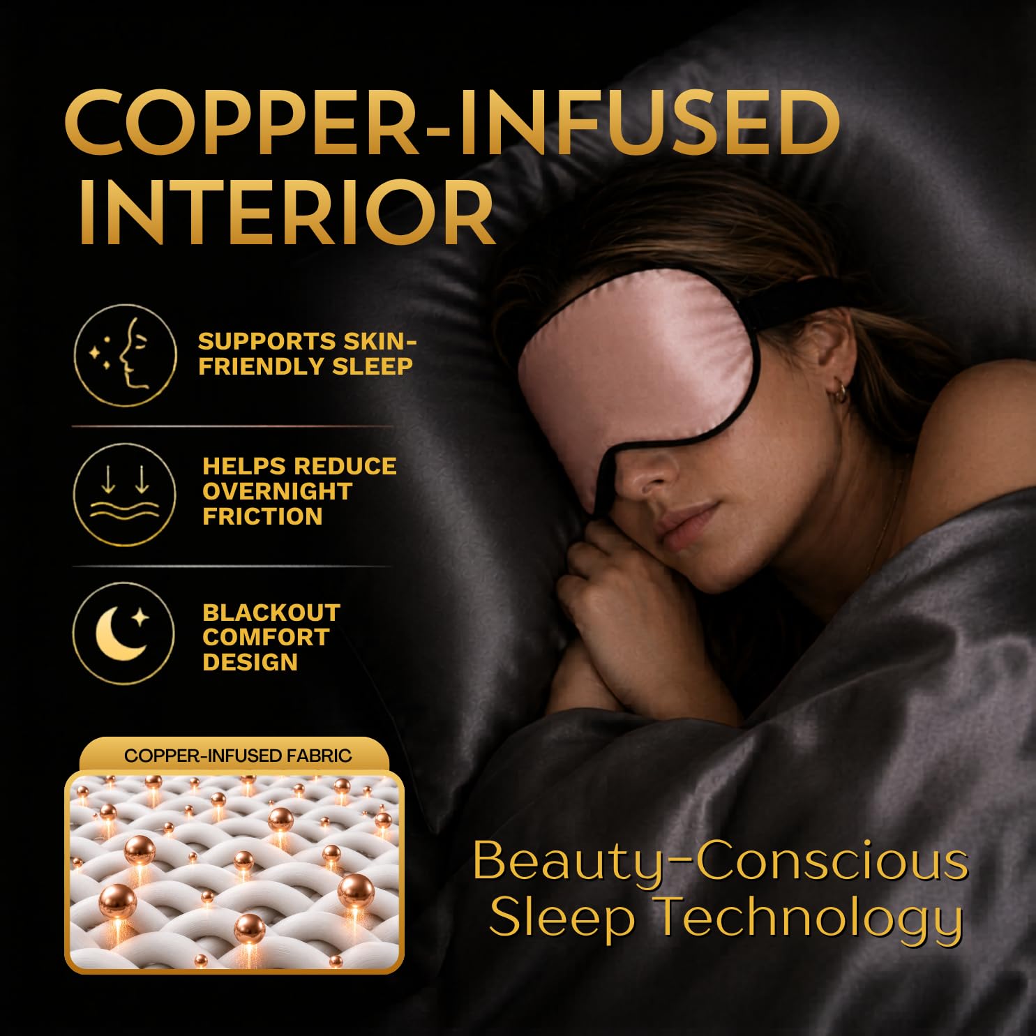 Antiarrugas para dormir para mujer, máscara de ojos de seda de morera súper suave para dormir y cuidar la piel, antienvejecimiento con tecnología de cobre