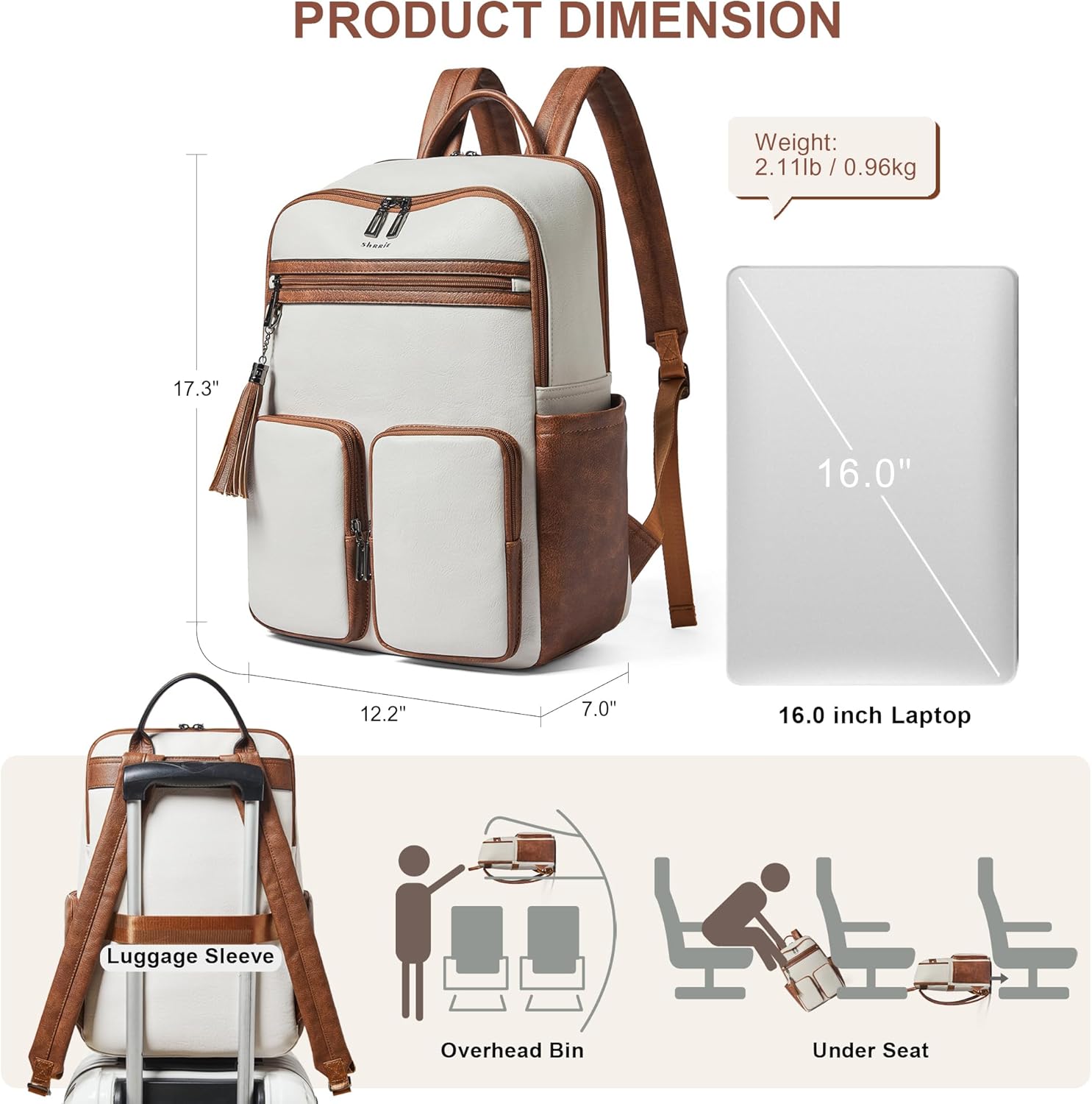 Shrrie Laptop Backpack for Women 16 Inch,Vegan Leather Travel Backpack Purse Work Business Computer Backpacks Teacher Nurse College Laptop Bookbag Casual Daypack,Beige with Brown - Image 5