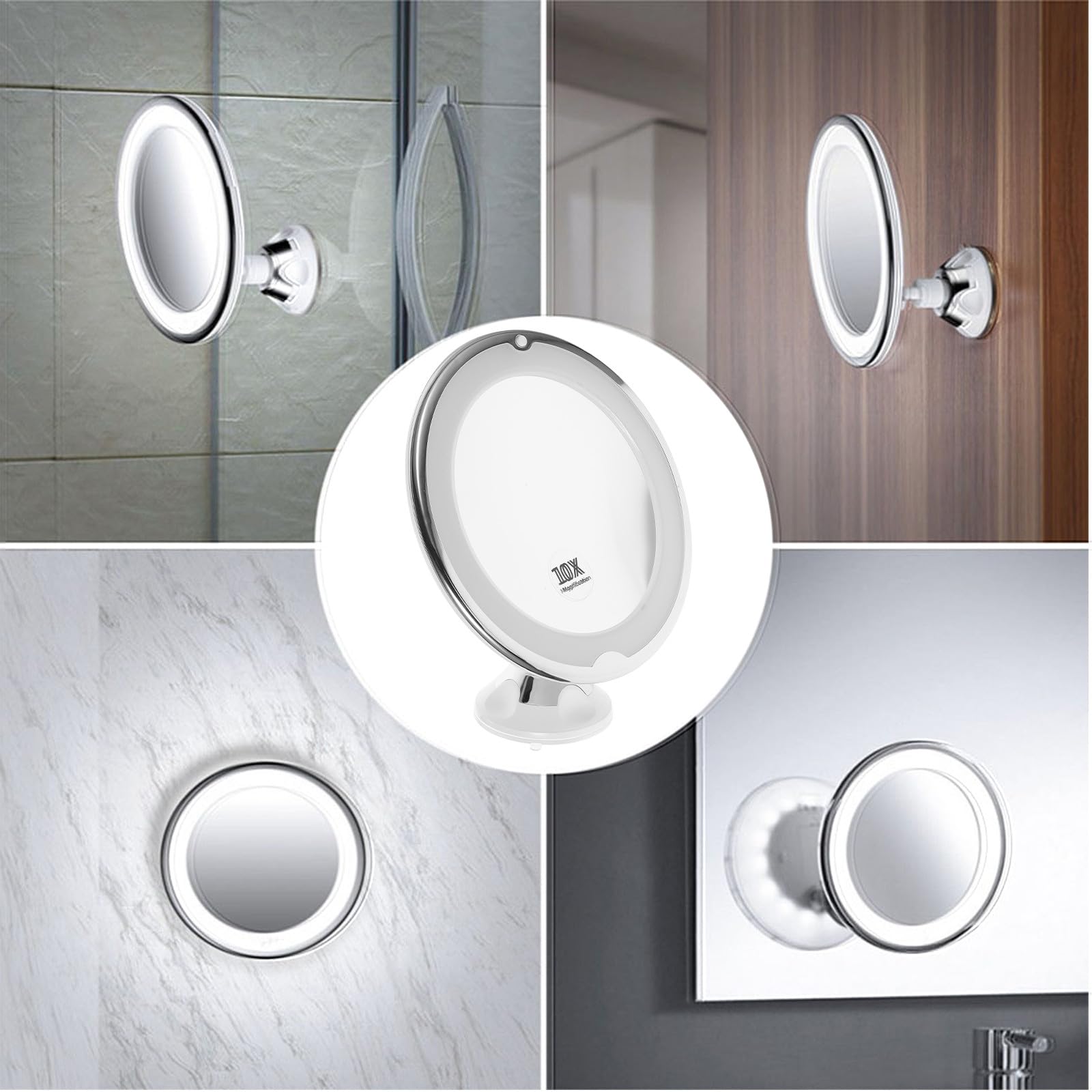 POPETPOP Espejo de Maquillaje LED Luz 10X Aumento Espejo Giratorio 360° Ventosa para Tocador Portátil para Maquillaje y Cuidado Personal