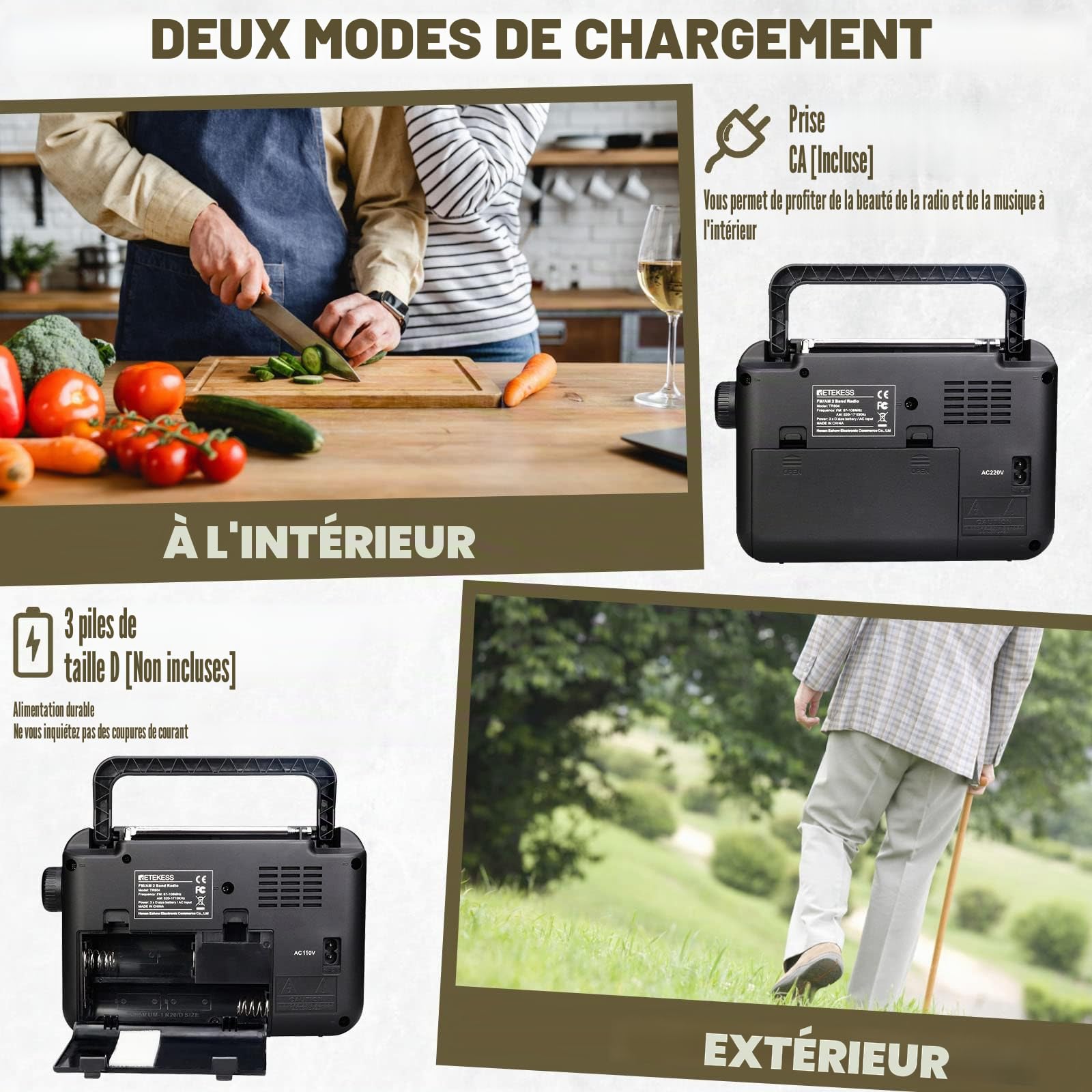 Retekess TR604 Radio Portable FM, Poste Radio Pile et Secteur, Excellente Réception Antenne, Transistor, Enceinte, Prise Casque, Grand écran,en Cadeau, pour Personnes Âgées