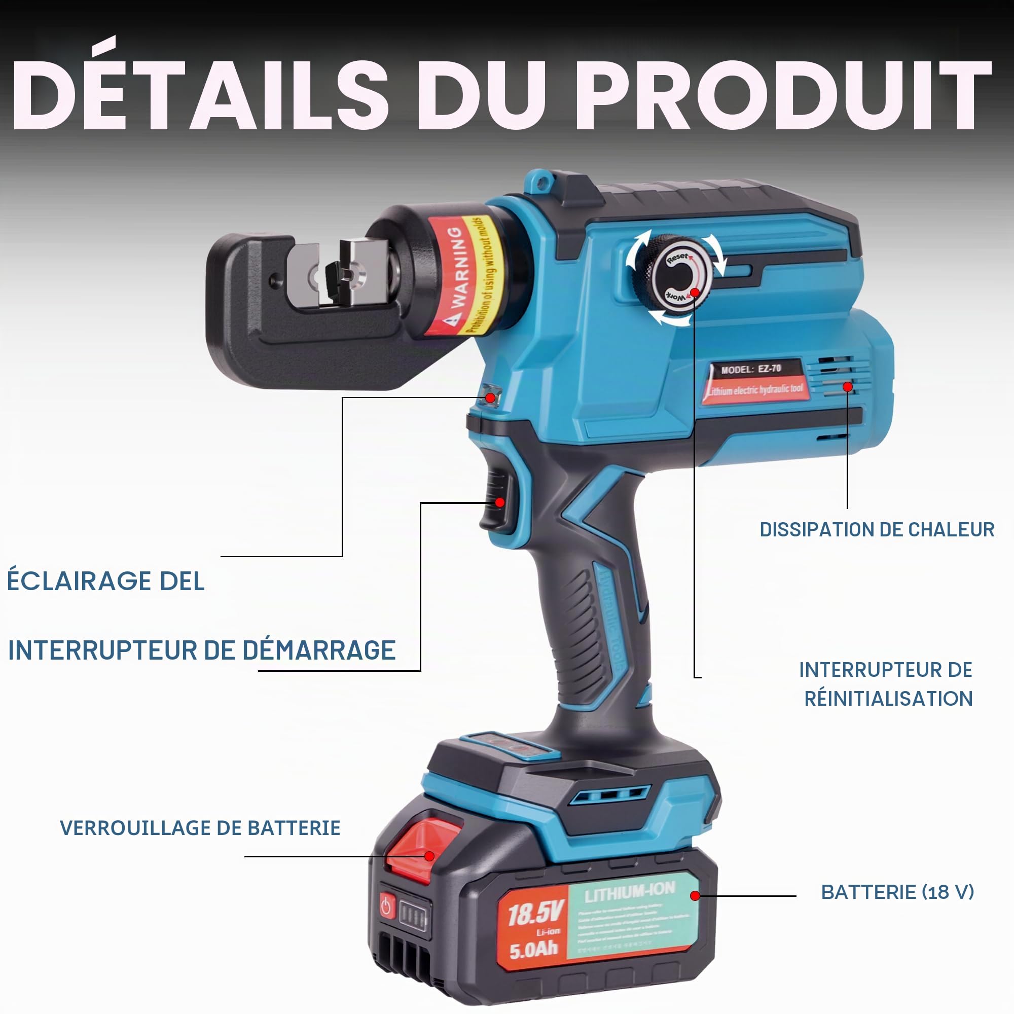 AMZCNC Pince à sertir hydraulique rechargeable - Raccord de câble électrique - Outil de sertissage avec 8 matrices 4 6 10 16 25 35 50 70 mm² - 2 batteries et chargeur pour connecteurs de câble