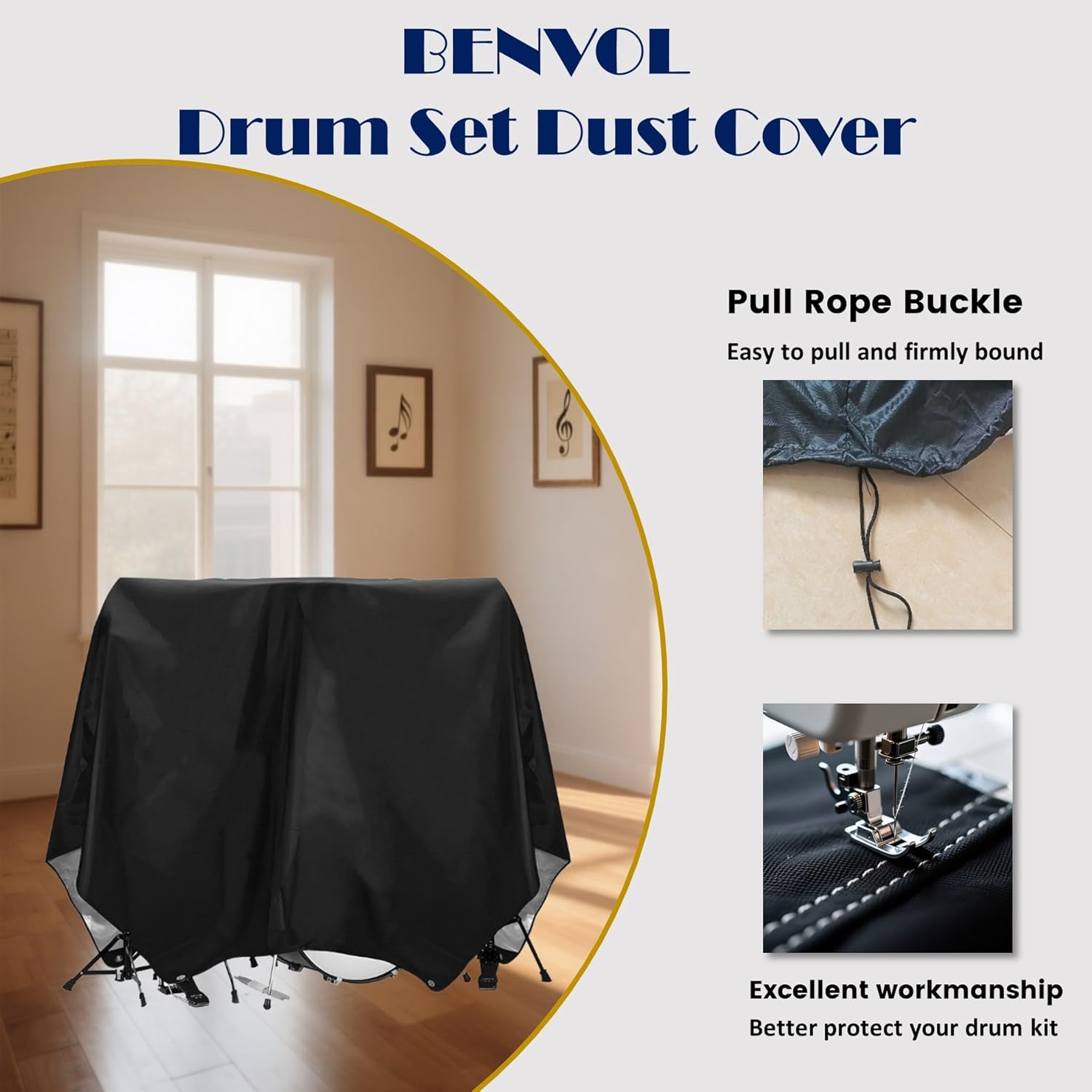BENVOL Drum Set Dust Cover - Waterproof 420D Oxford Fabric with UV Protection & Drawstring, Extra Large 78x106 Inches for Drum Kit Protection, Stage & Storage Use
