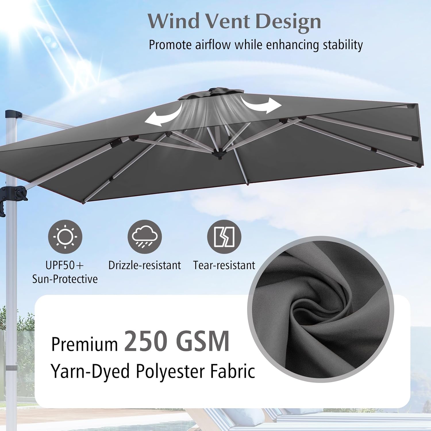 Cantilever Patio Umbrella Aluminum Offset Umbrella with 360-Degree Rotation & Adjustable Tilt, Large Patio Offset Umbrella for Garden, Pool, Backyard & Deck