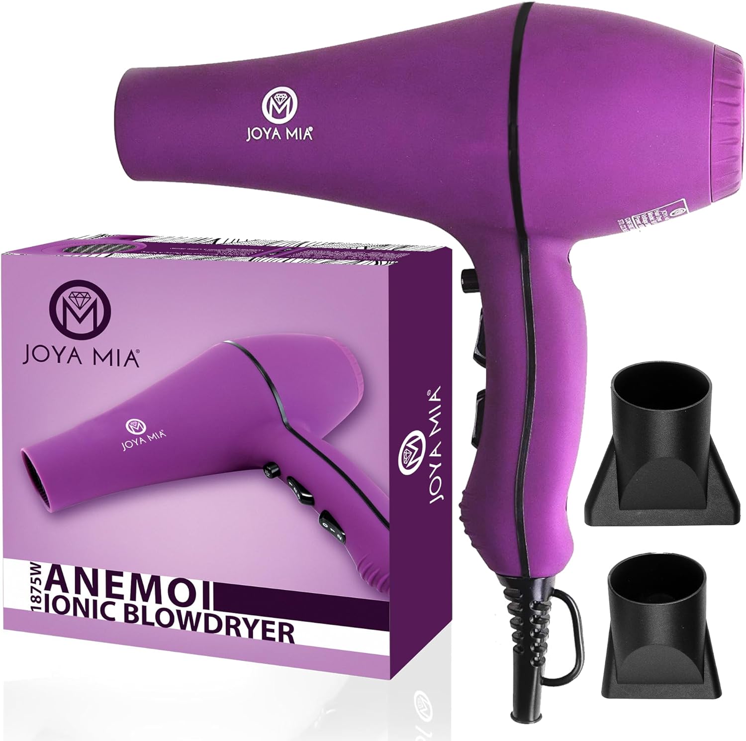 JOYA MIA Anemoi 1875W Ceramic Hair Dryer with Attachments - Lightweight & Portable for Women 3 Heat/2 Speed Settings with Cool Shot Ideal for Fine Curly Frizz-Prone Hair Salon Like Blowdryer - Purple