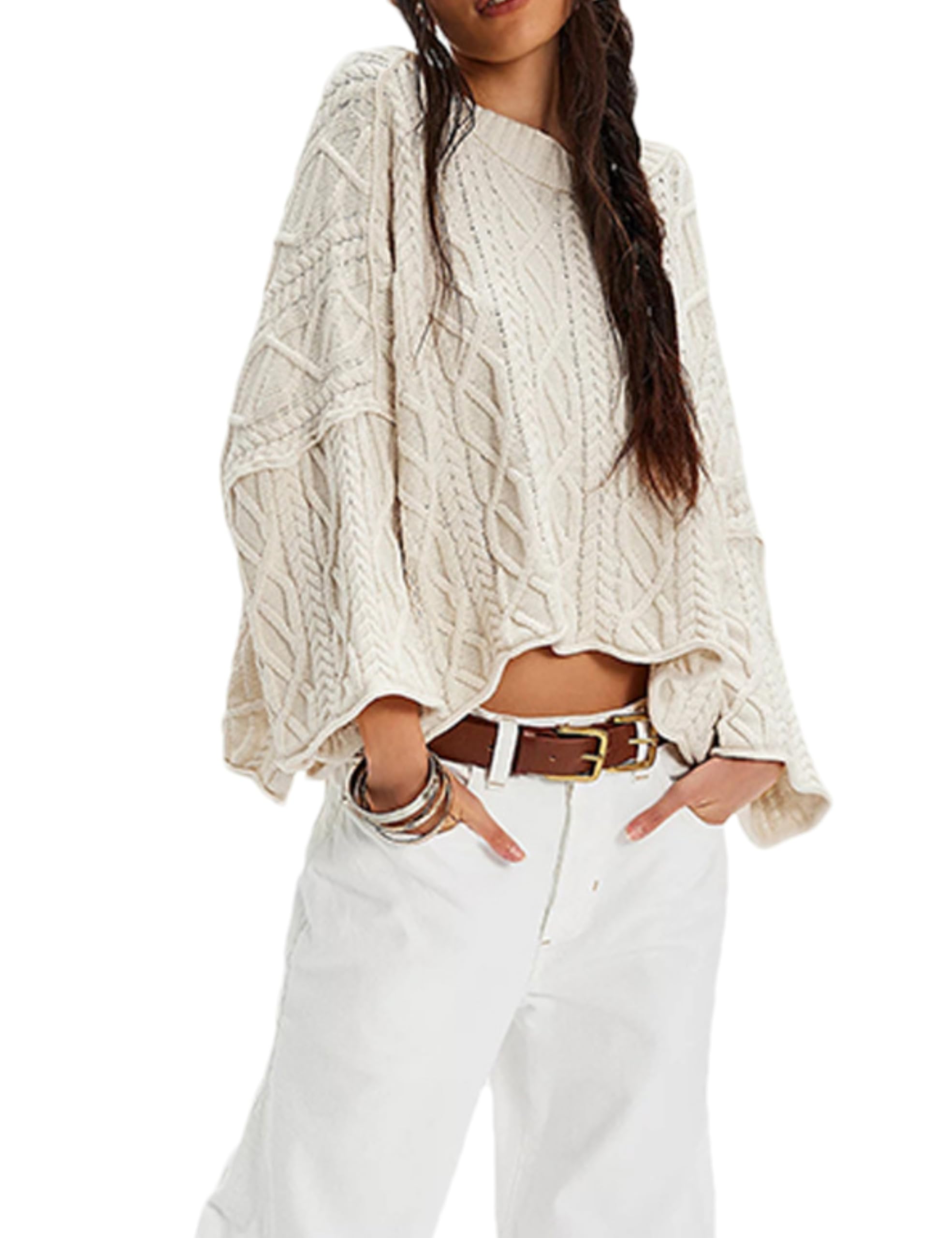 Zontroldy Womens Crewneck Lantern Sleeve Boxy Cable Knit Sweater Cropped Pullover Sweaters Jumper