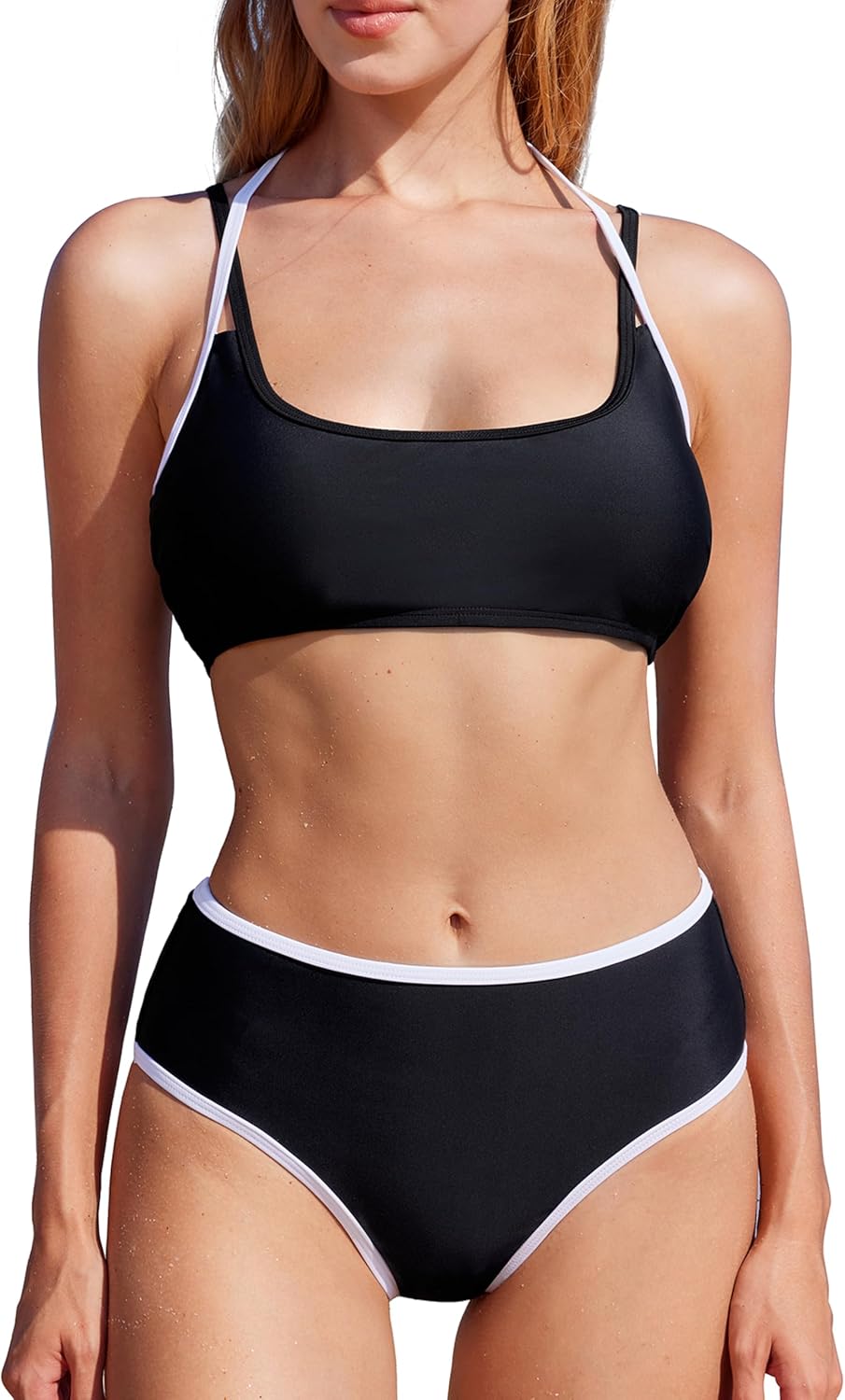 MOOSLOVER Women Sporty Two Piece Swimsuits High Waisted Bikini Sets Color Block Bathing Suit