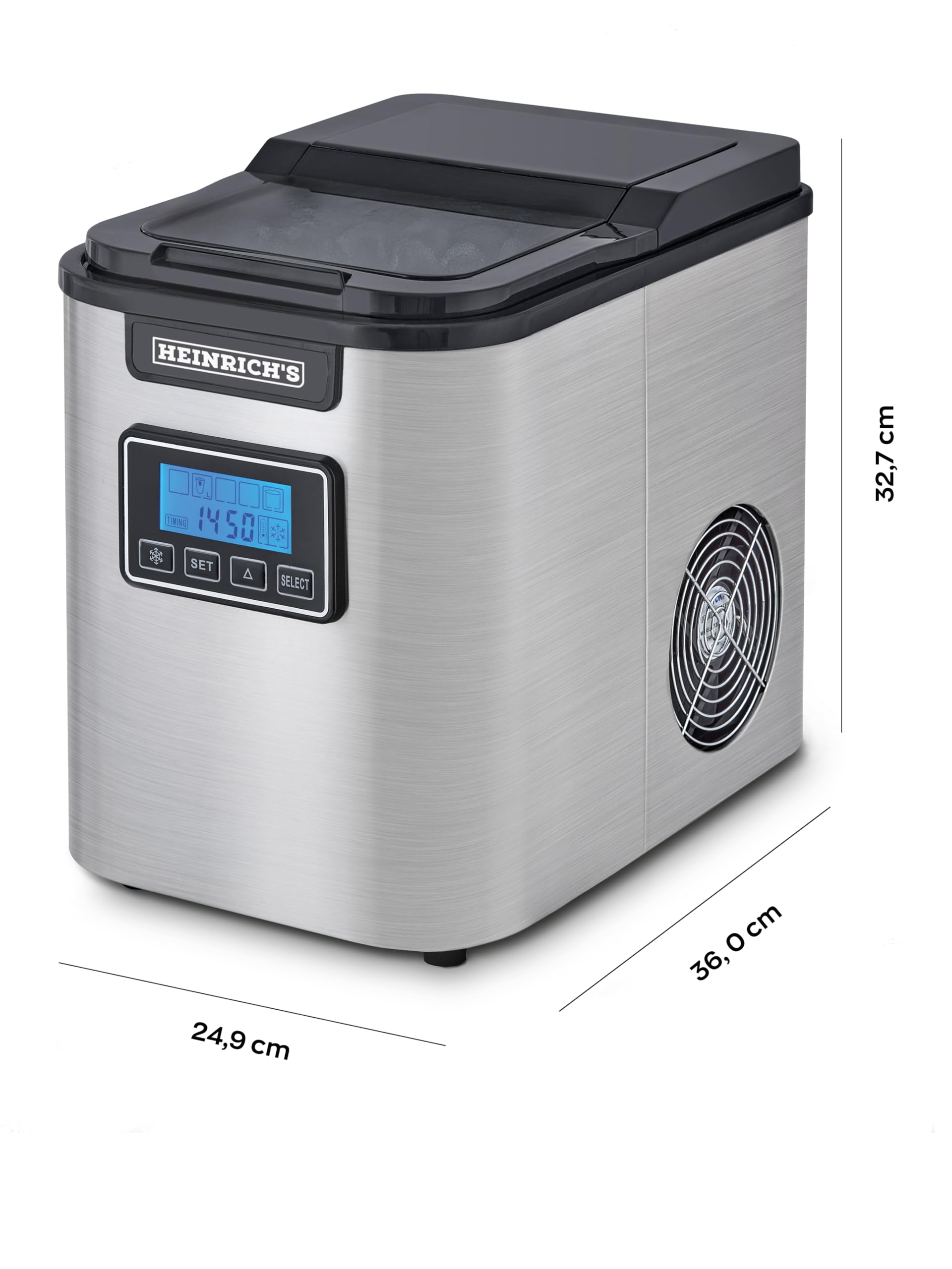 HEINRICHS Eiswürfelmaschine, Eiswürfelbereiter mit Timer, 3 einstellbare Eiswürfelgrößen, LCD-Display, 2,2 Liter Wassertank, Selbstreinigungsfunktion, Edelstahl, 120 W Leistung Heinrich´s