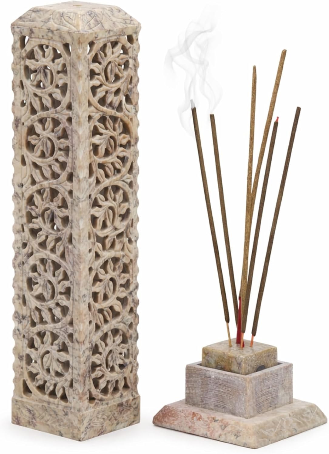 Carry Me Handmade Marble Soapstone Incense Stick Burner | Candle Stick Holder | Tea Light Stand - Perfect Incense Tower for Gifting. Decorative Home and Kitchen Decor (3 x 3 x 11 Inches)