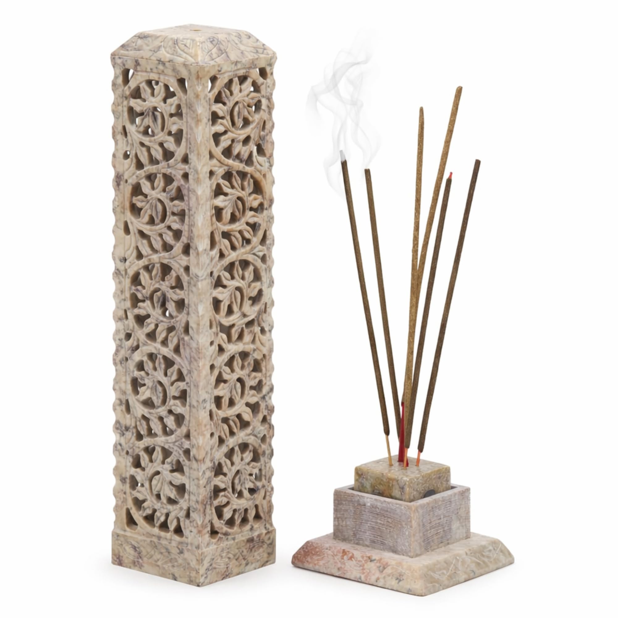 Handmade Marble Soapstone Incense & Agarbatti Burner – Handcrafted Dhoop Batti, Candle, Tea Light Holder with Floral Carving | Puja Gift & Decorative Home/Kitchen Piece (3x3x11 Inches)
