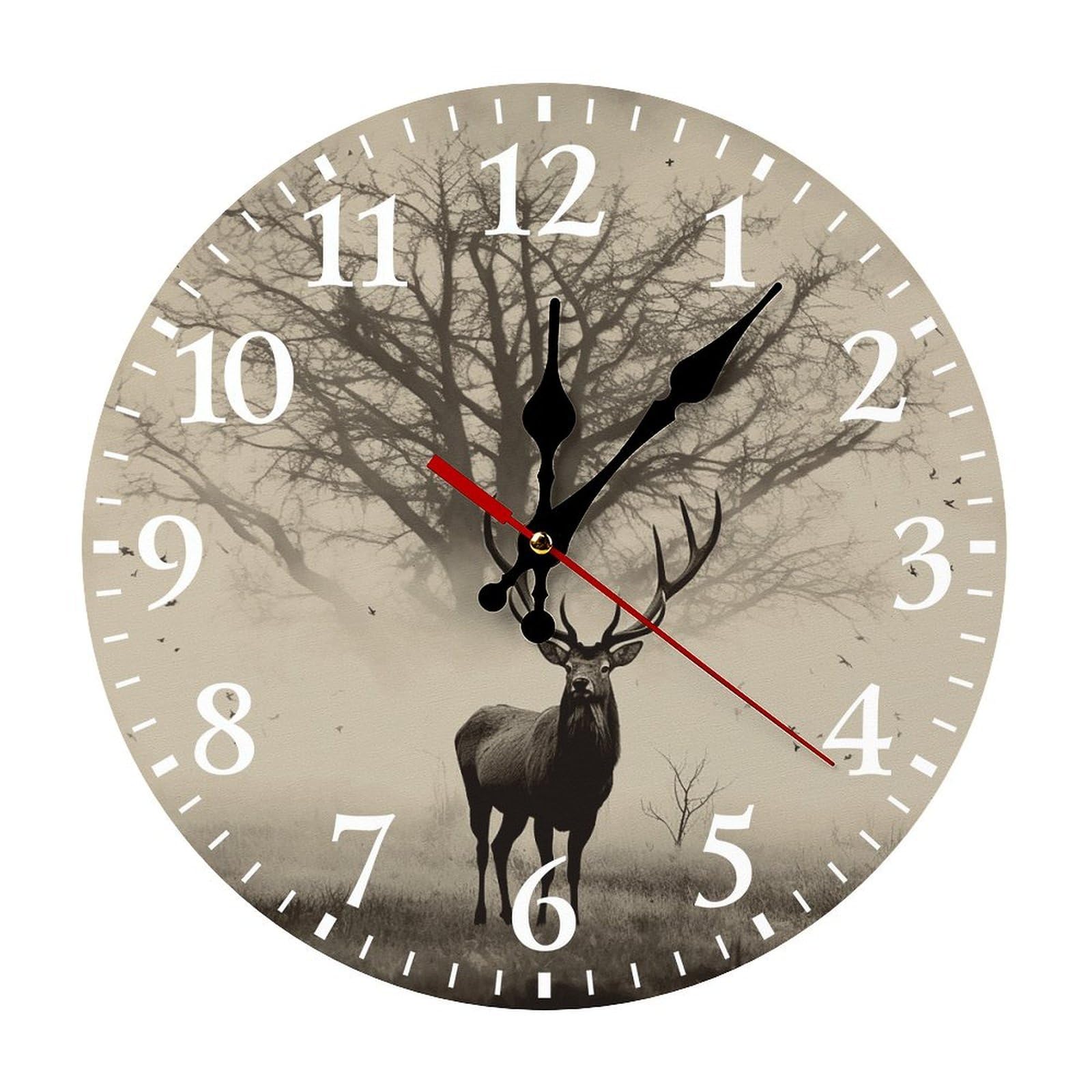 QMNLKH Abstract Tree Elk Picture Wall Clock for Home, Battery Operated Clock for Hotel, Round Wall Clock with Arabic Numerals White, Easy to Read, Non-Ticking Clocks for Living Room 30 * 30cm