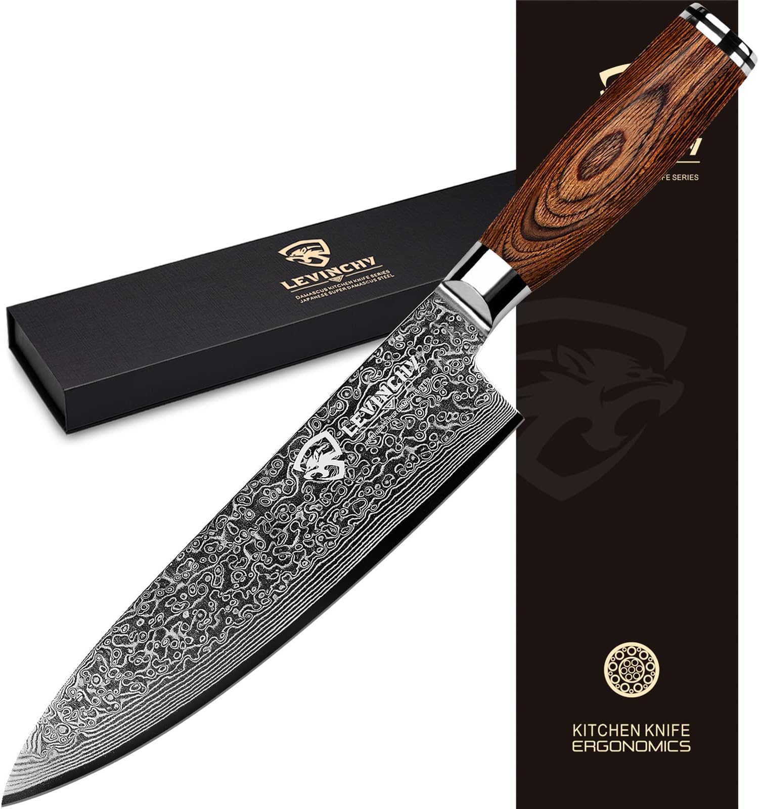 Damascus Chef's Knife 8 inch Professional Handmade Damascus Stainless Steel Kitchen Knife, Superb Edge Retention, Stain & Corrosion Resistant, Ergonomic PAKKA Wood Handle