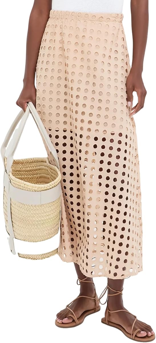 Ailoqing 2026 Summer Casual Long Skirt for Women Cotton Eyelet Beach Maxi Skirt with Underneath
