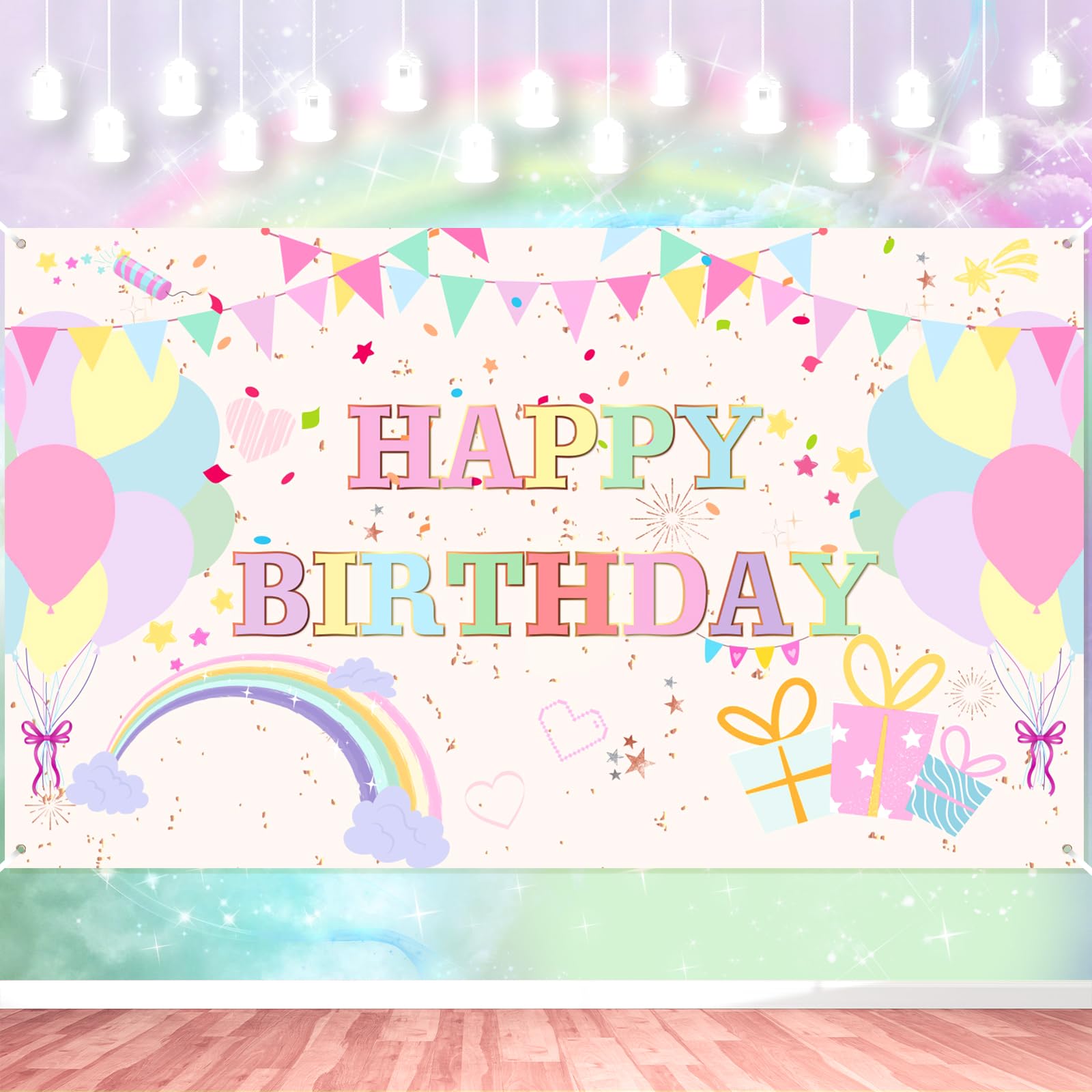 Pastel Birthday Banner Decorations Large Pastel Rainbow Happy Birthday Banner Backdrop for Girls Women Macaron Colourful Bday Baby Shower Wedding Anniversary Party Supplies